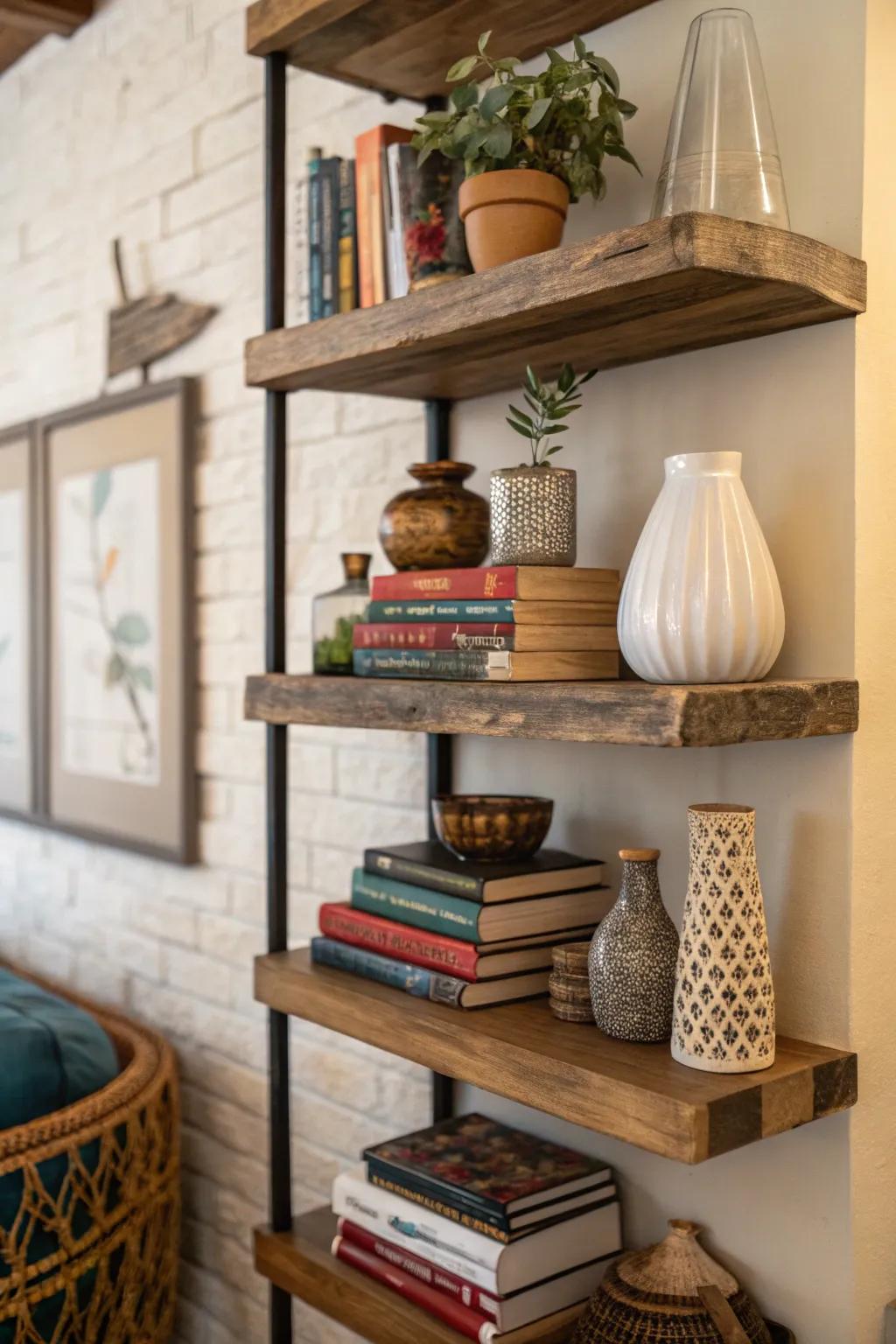 Floating shelves add character and storage to any corner.