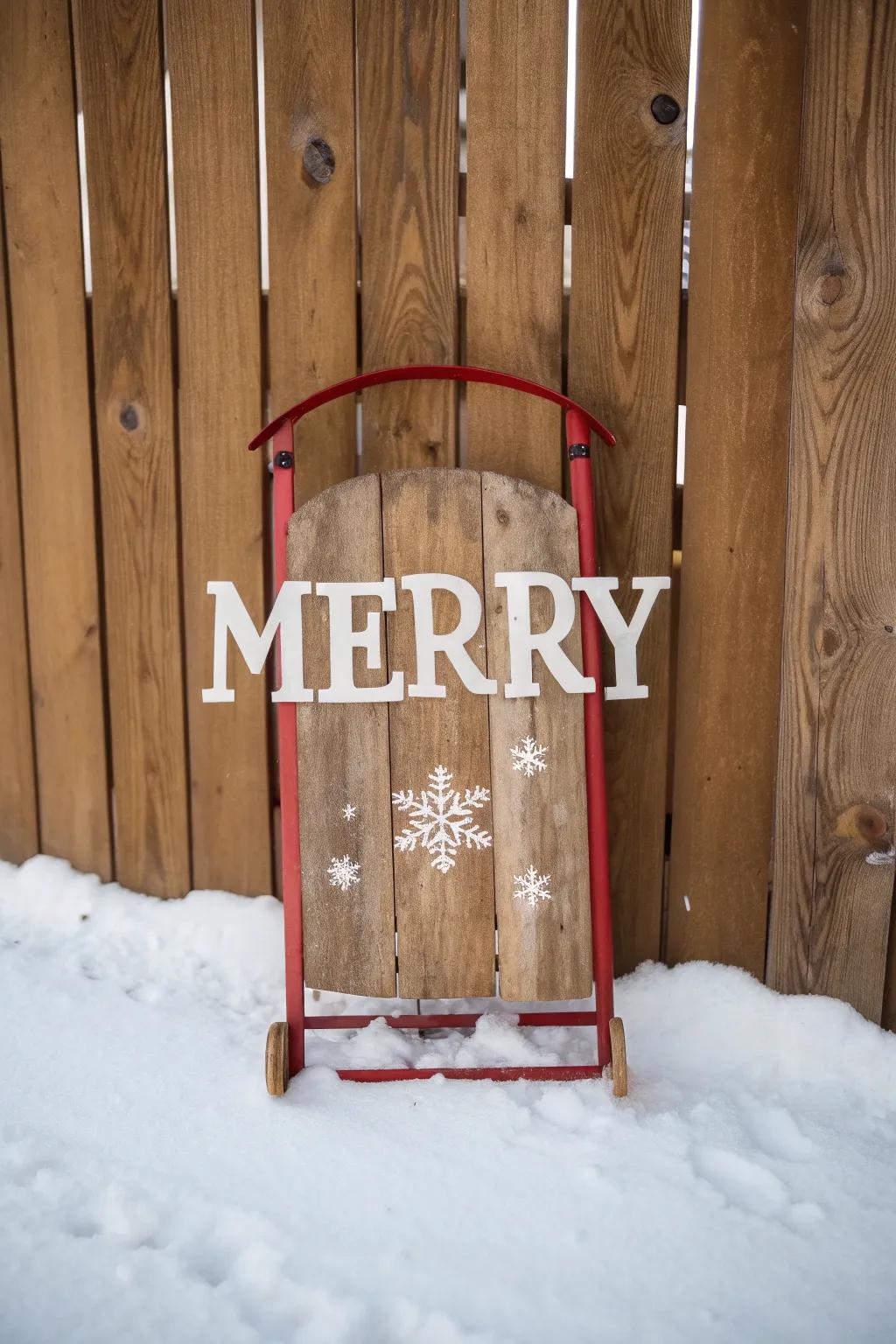 A charming sled featuring a cheerful holiday message