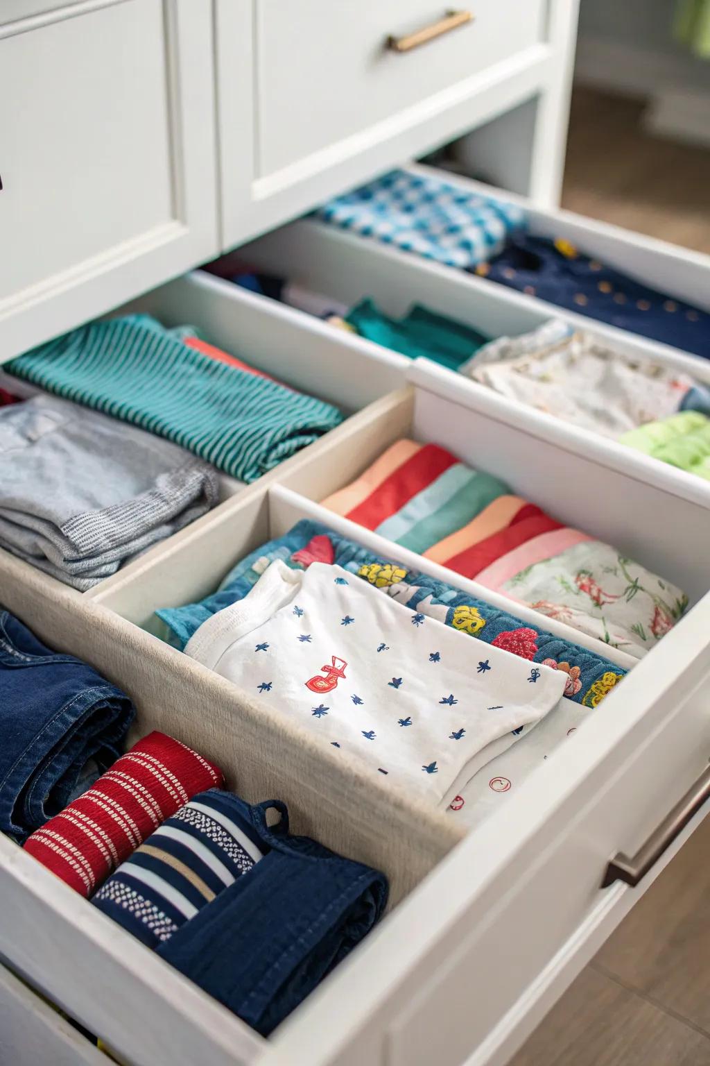 Drawer separators maintain clothing that is arranged and accessible.