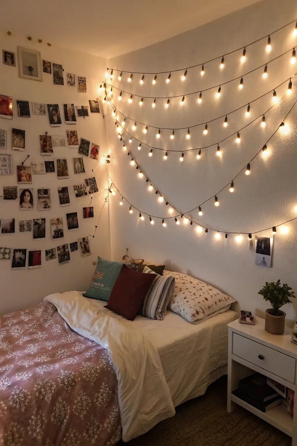 Delicate string lights impart a fanciful ambiance to the presentation of photographs.
