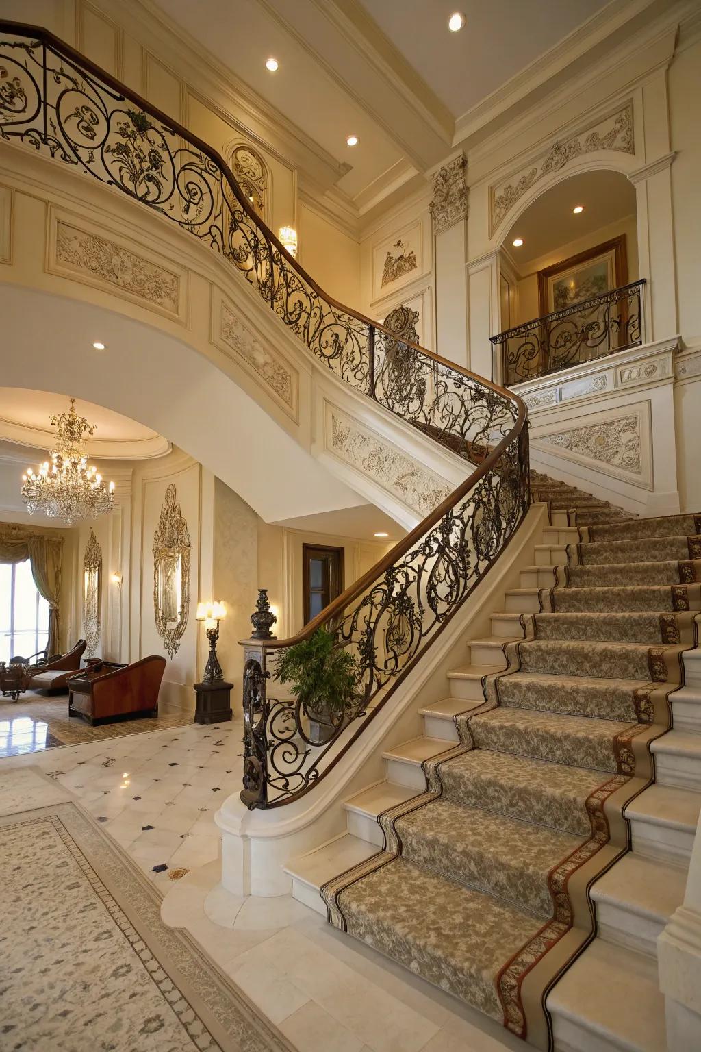 A grand staircase highlighted by intricate decorative trim and moldings.