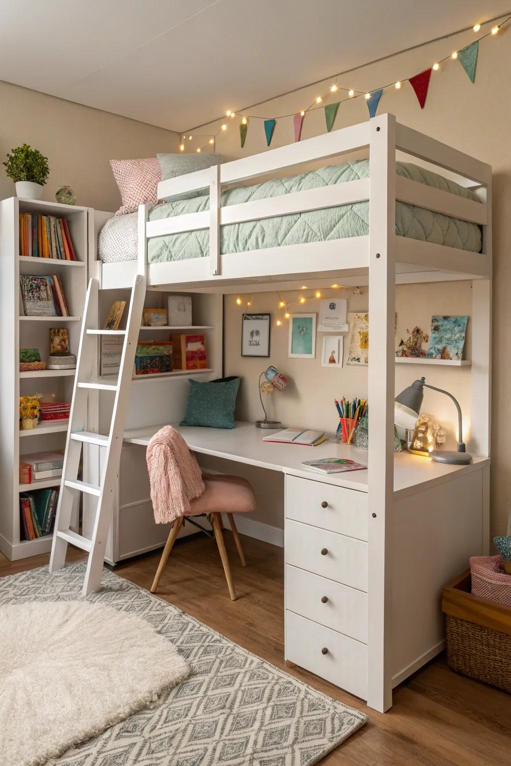 Maximize space with a functional loft bed and study area.