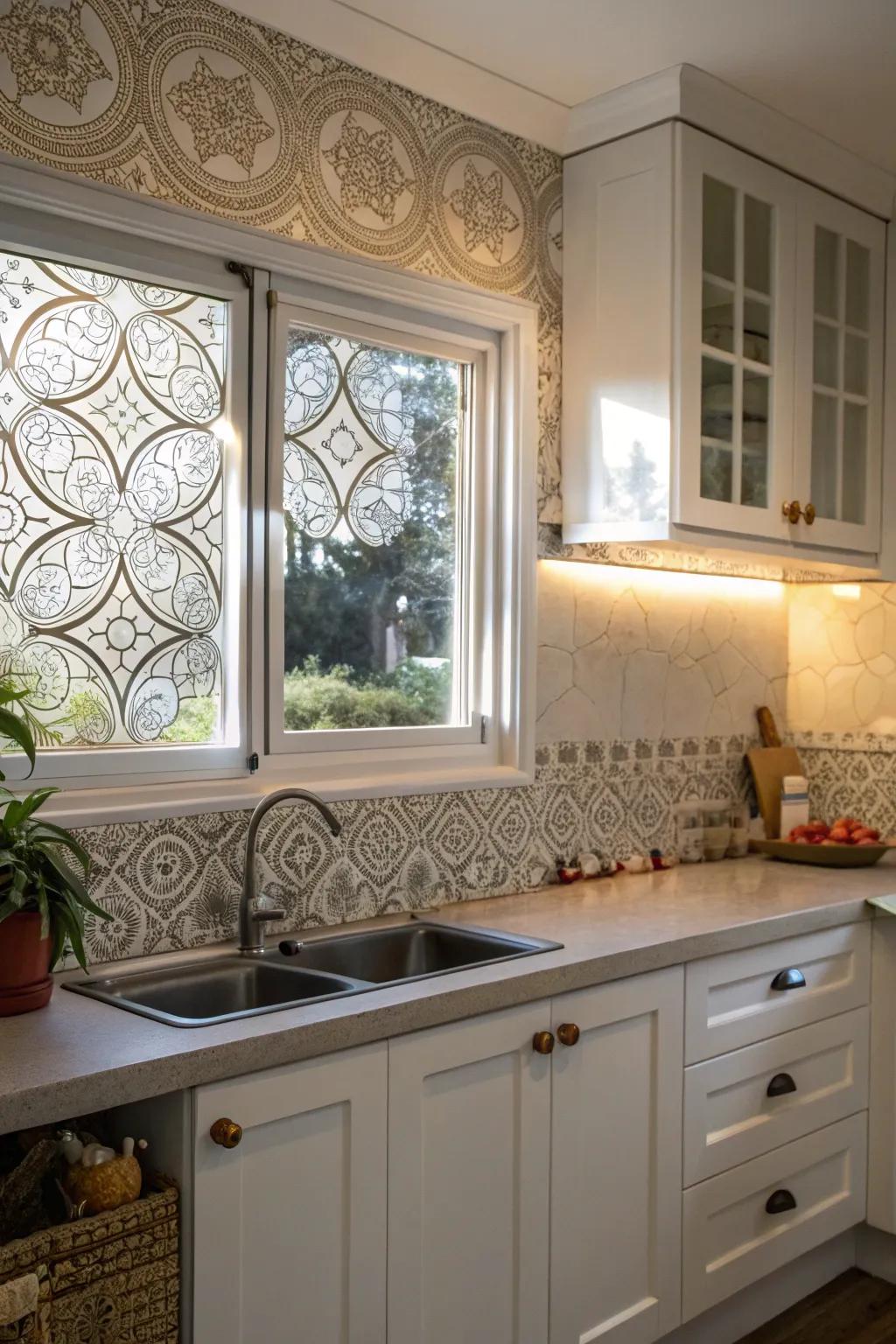 Patterned glass backsplash windows offer privacy and an artistic flair in the kitchen.