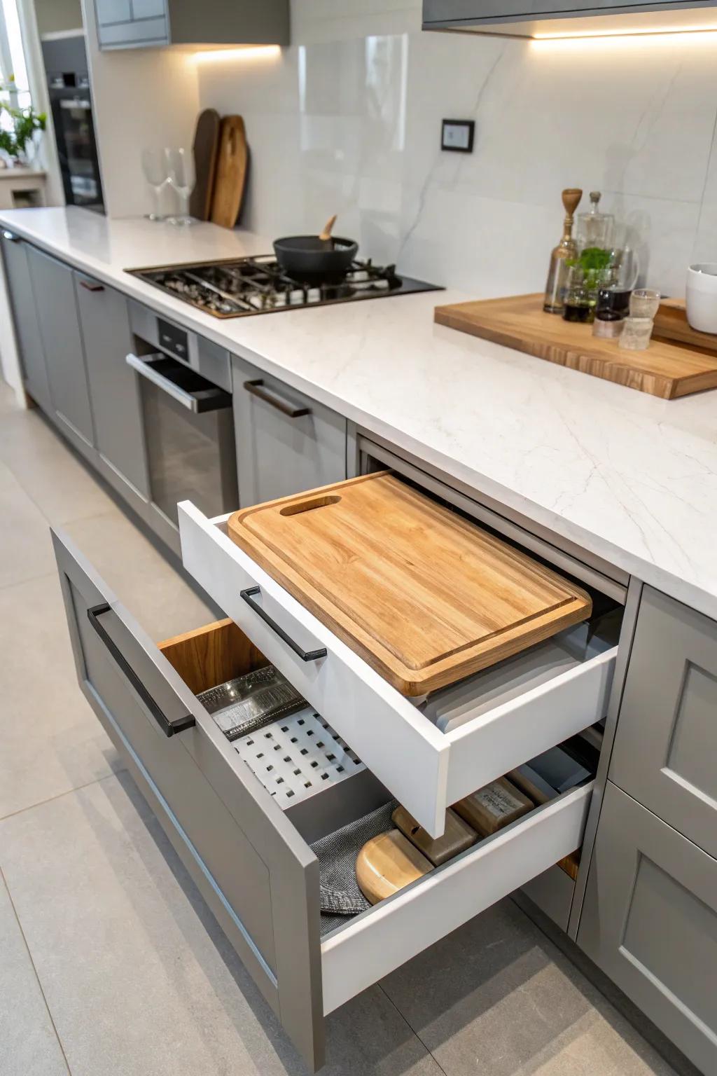 Pull-out cutting boards offer convenience and save precious counter space.