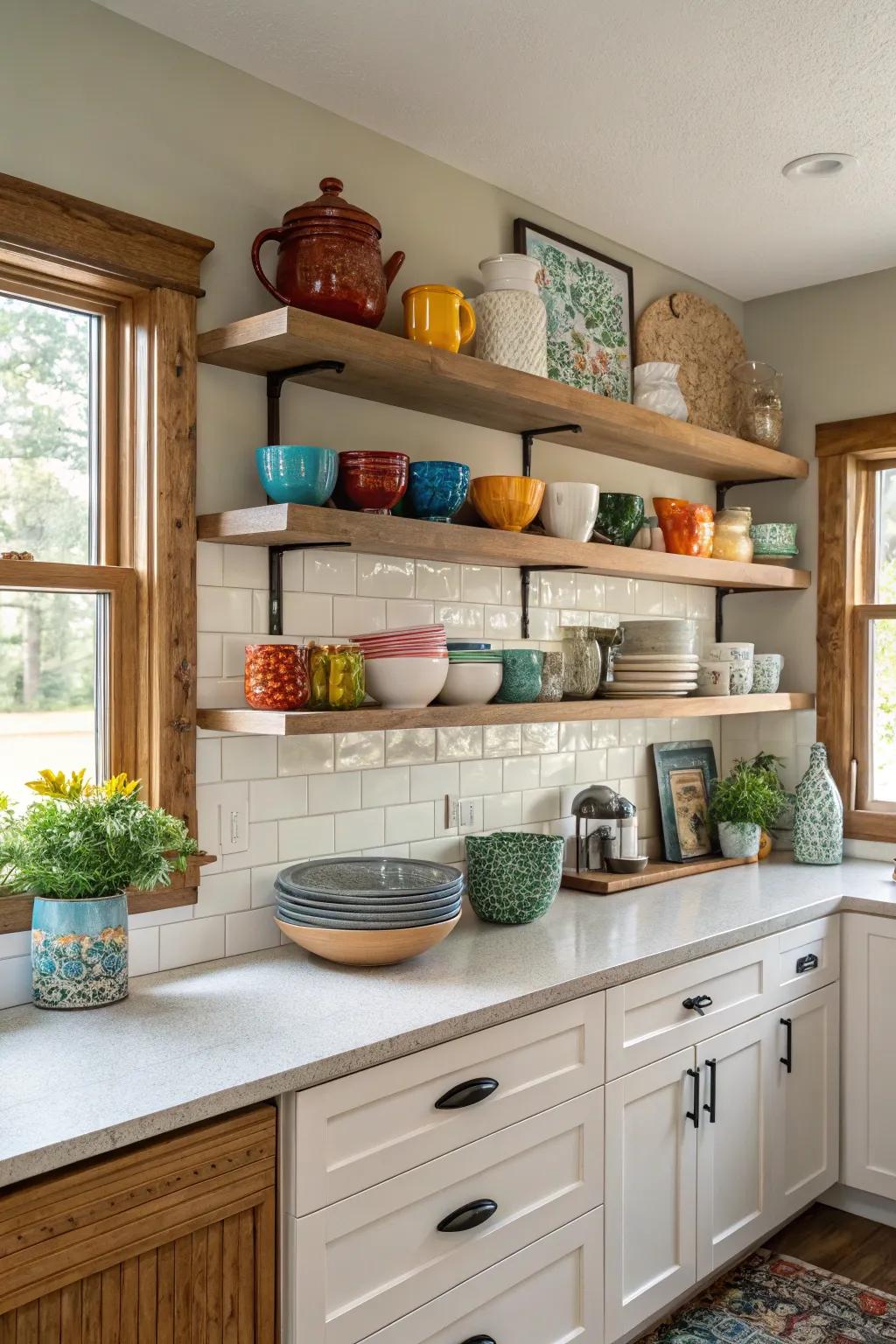 Open shelves in the soffit area displaying stylish kitchenware.