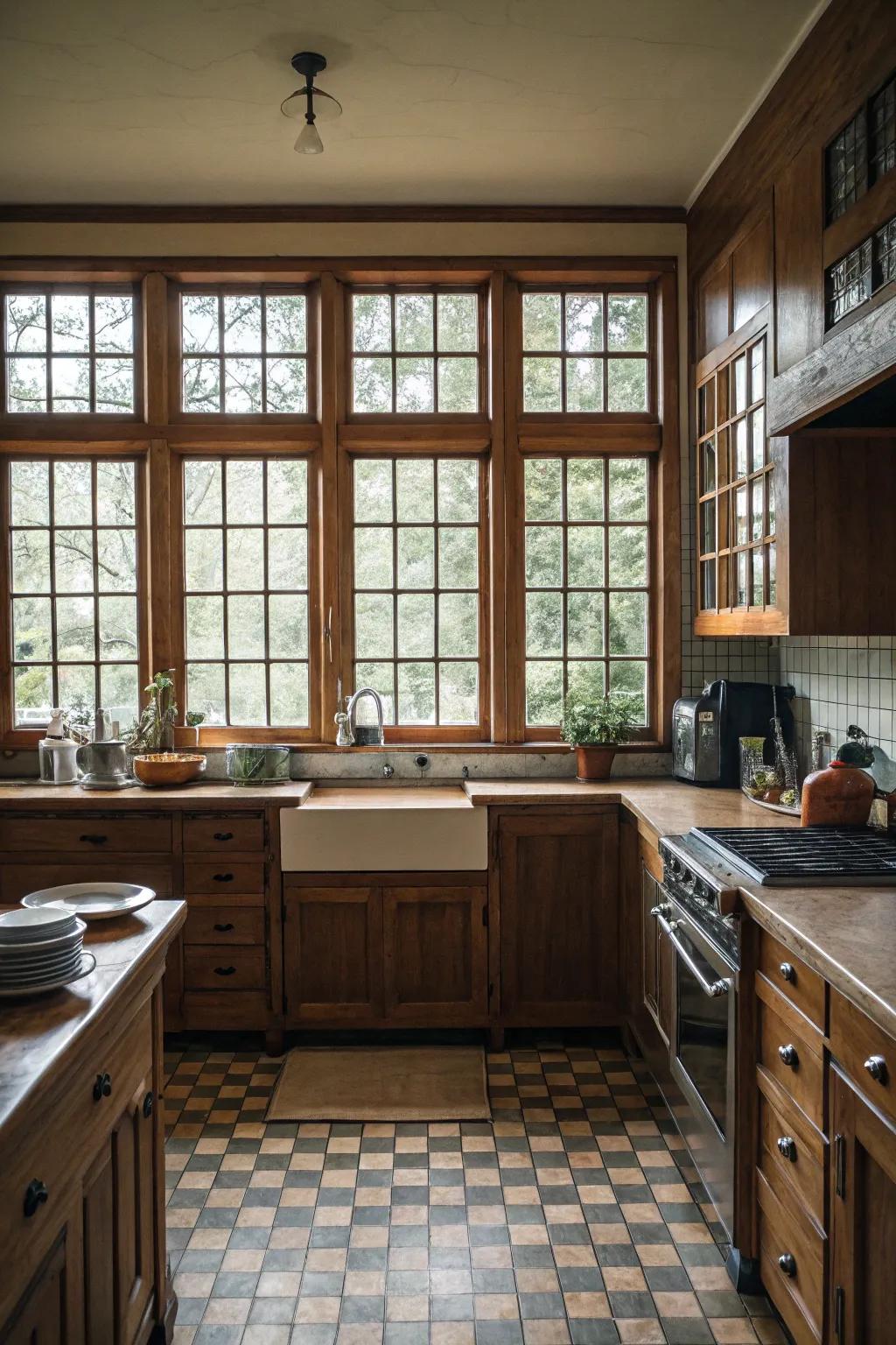 A traditional kitchen featuring elegant grid-style windows.