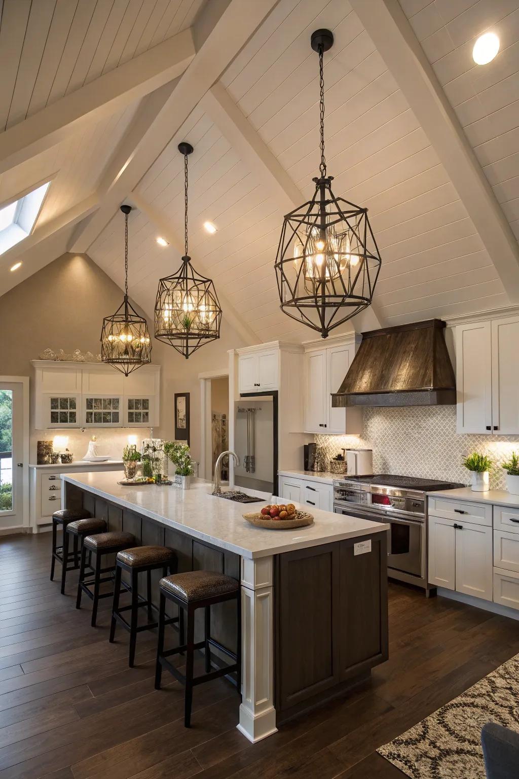 Elegant pendant lights create a chic focal point in this modern kitchen with a vaulted ceiling.