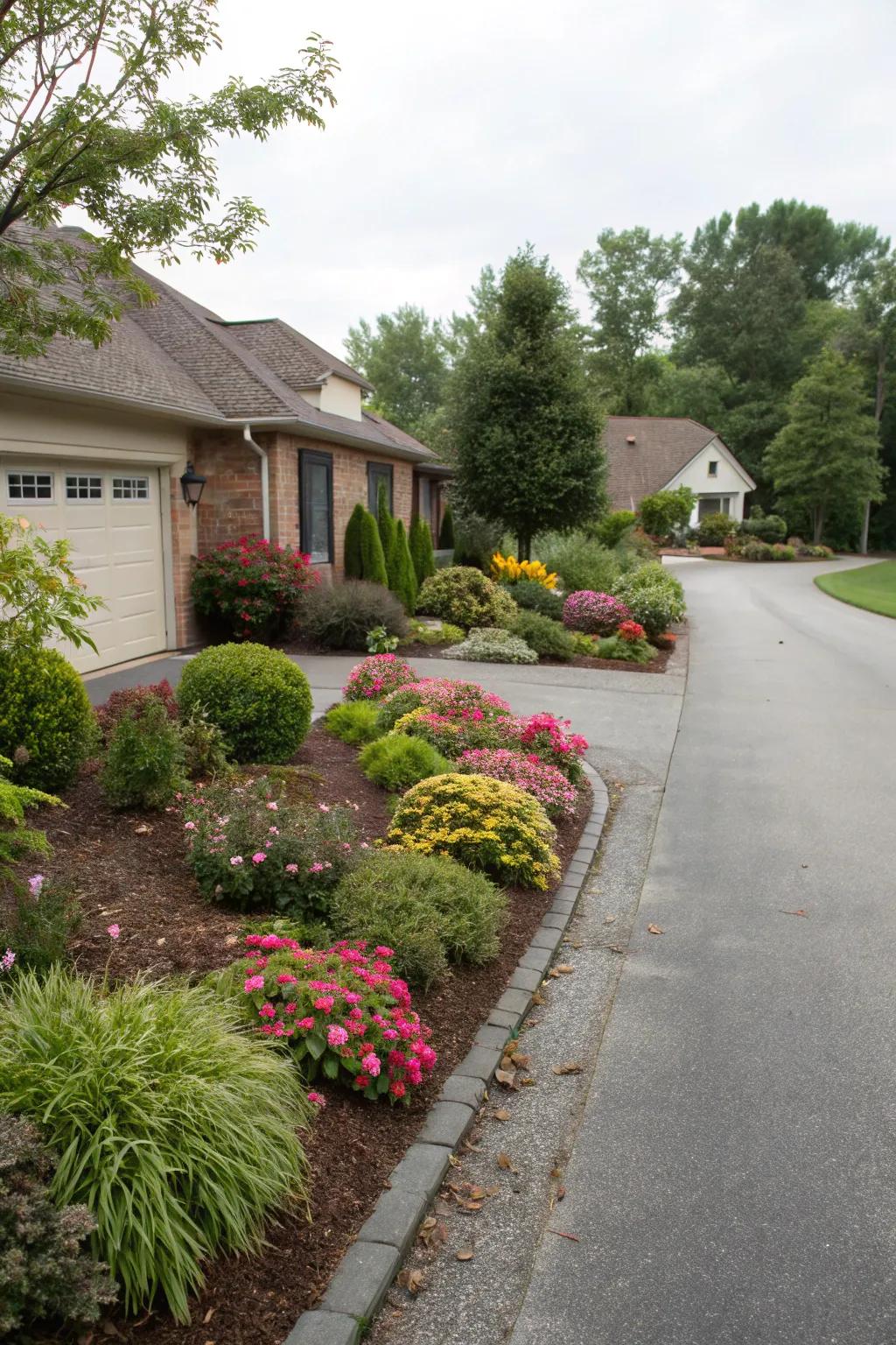 Mulched plant beds add a tidy touch to any driveway.