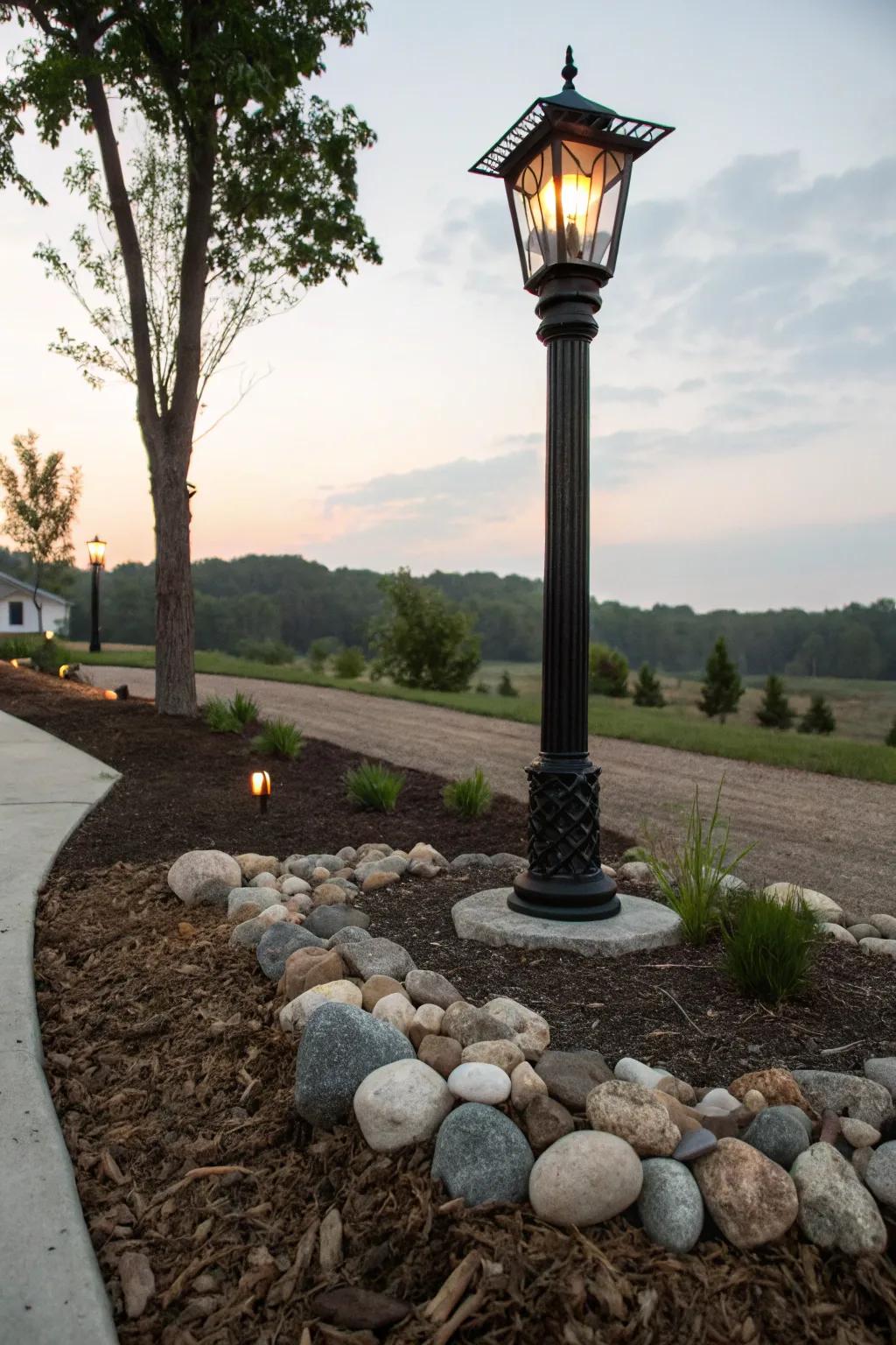 Decorative stones providing a clean finish around the lamp post.