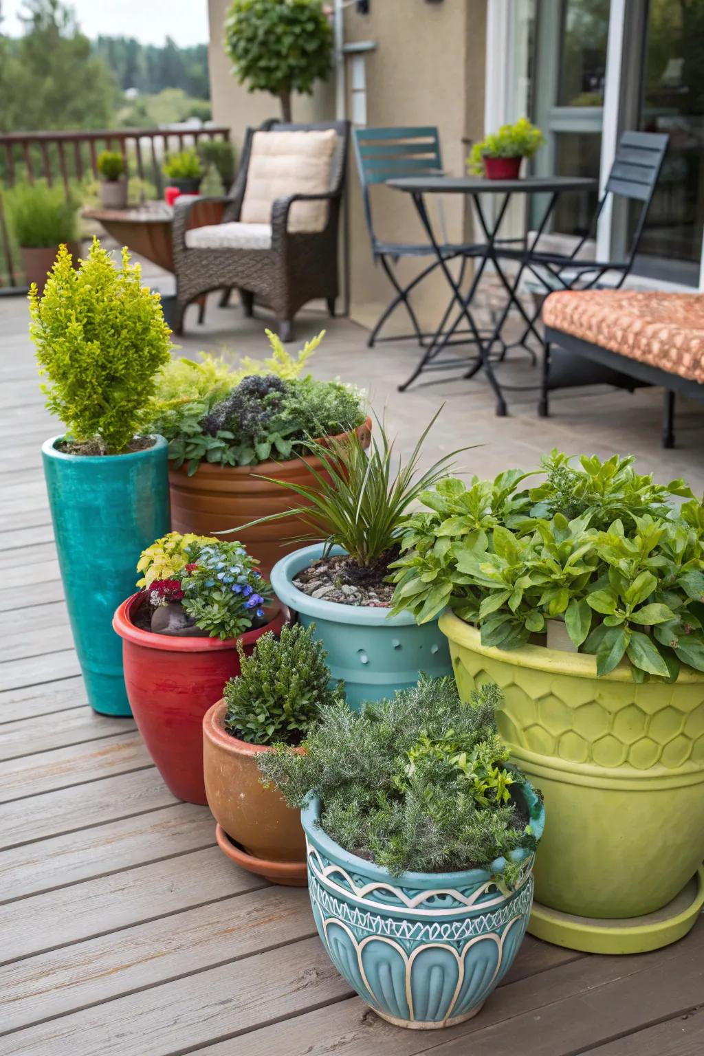 Creative planters enhance the beauty of artificial plants.