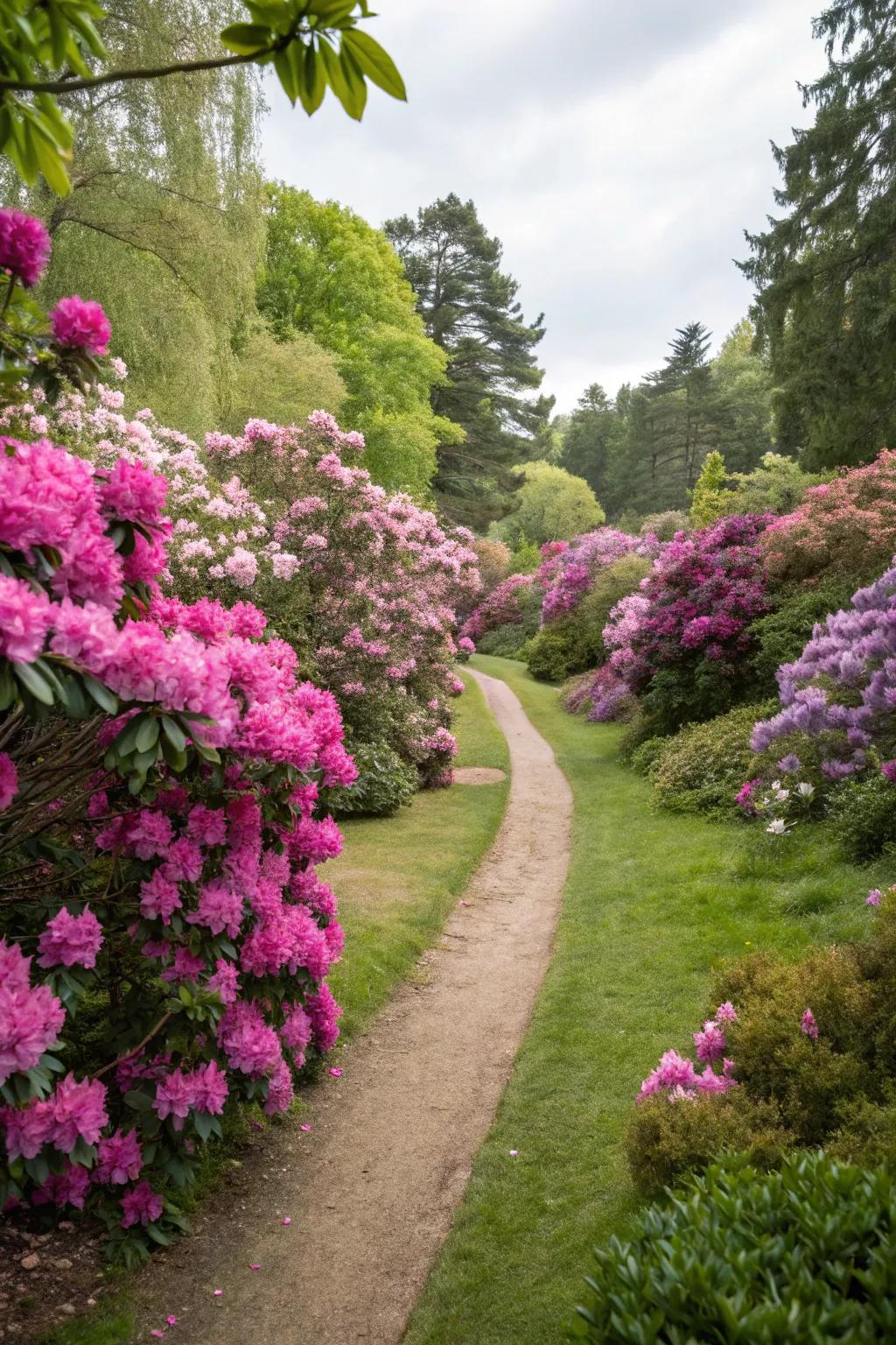 A charming garden path lined with colorful rhododendrons.