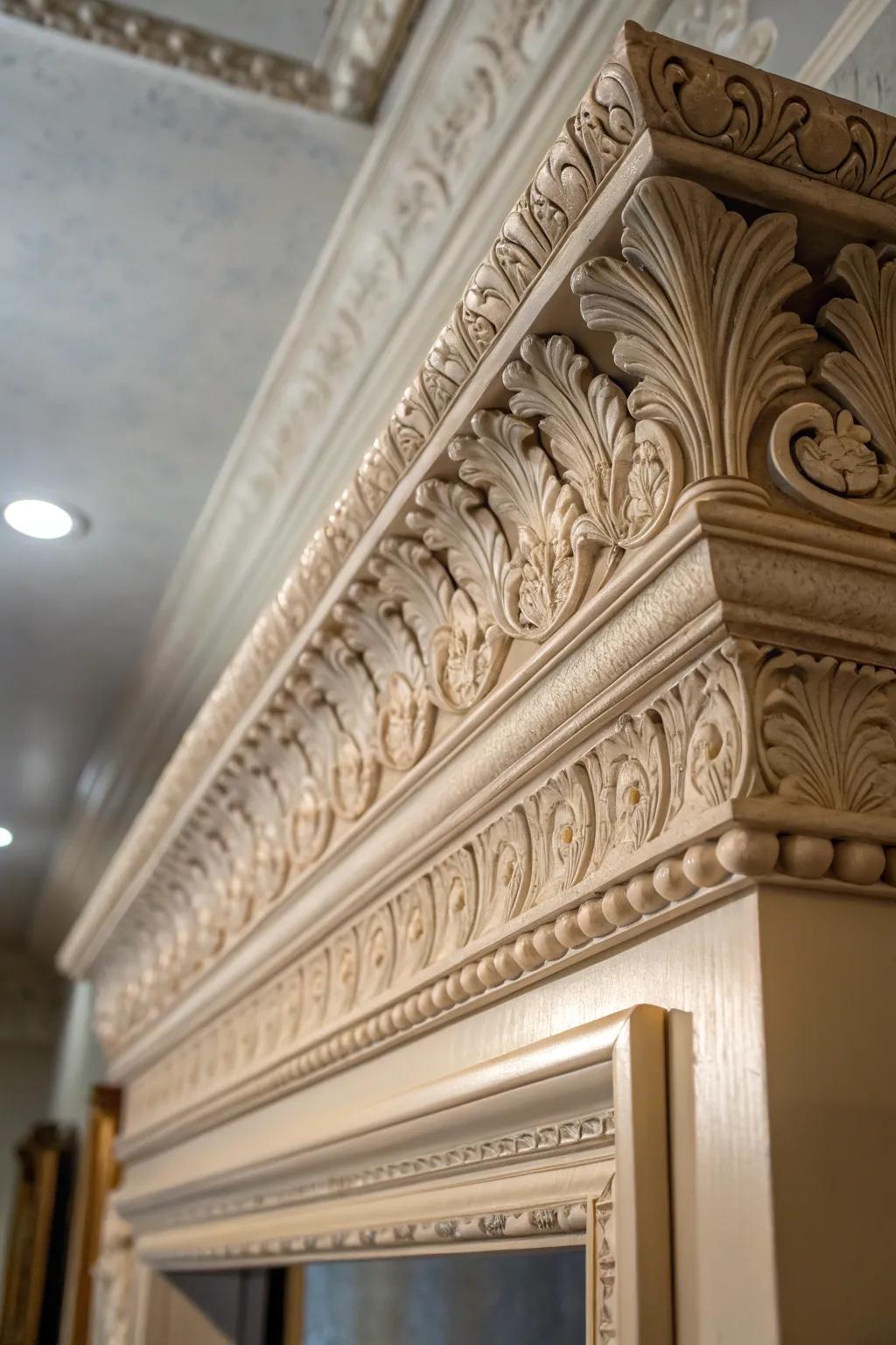 A close-up view of ornate large crown molding, showcasing its exquisite craftsmanship.