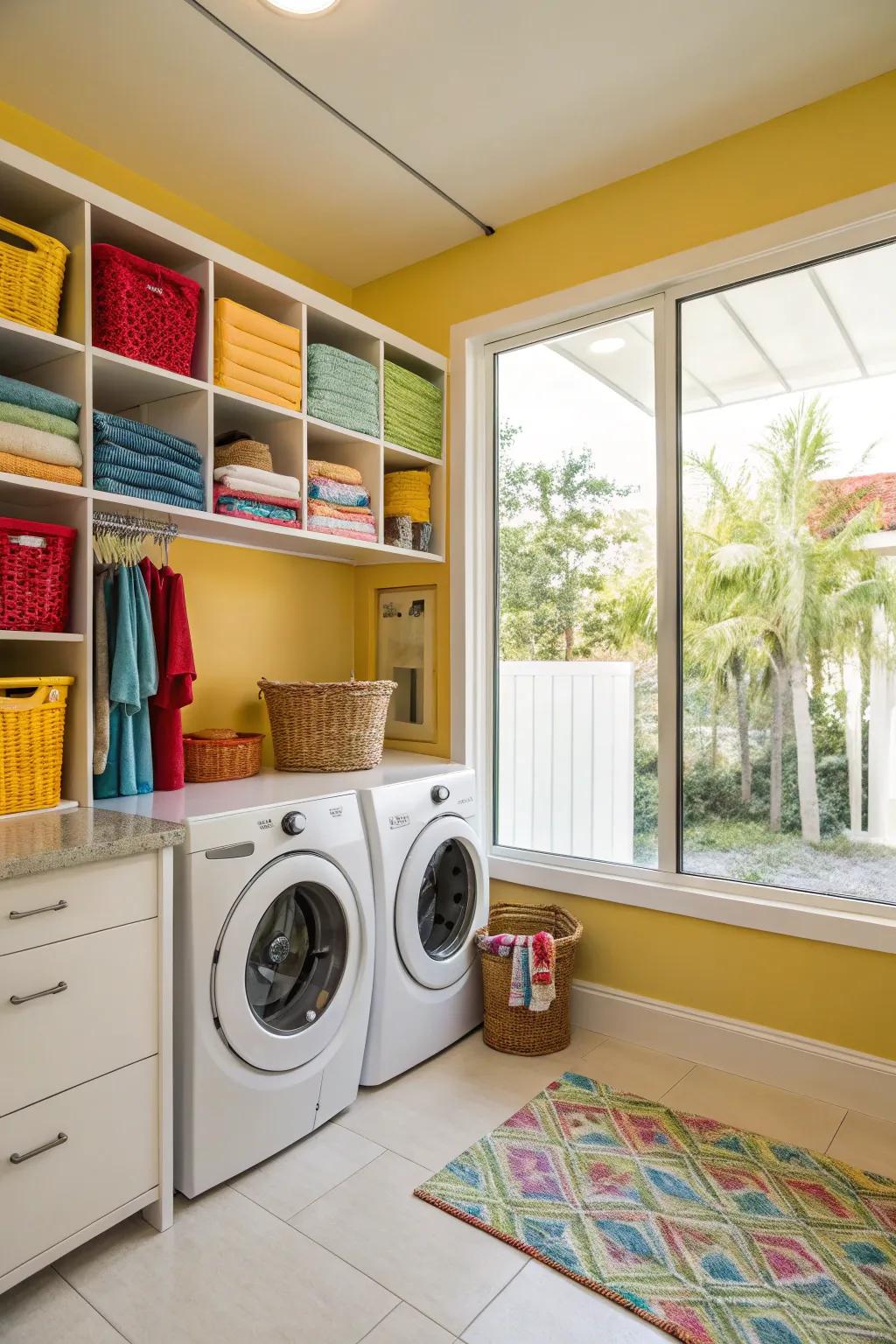 Generous natural illumination establishes an inviting and open laundry space.