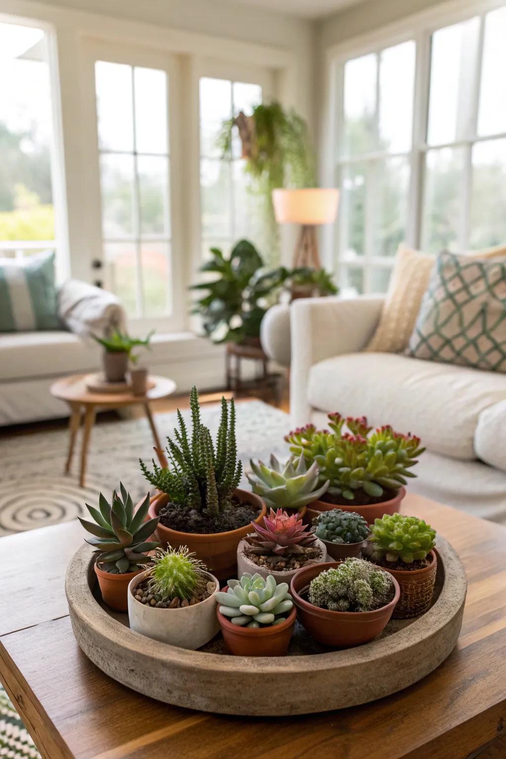 A lazy Susan showcasing a lively display of small plants and succulents.