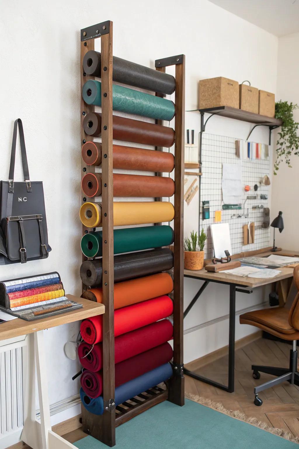 Vertical storage racks keep leather rolls tidy and accessible.