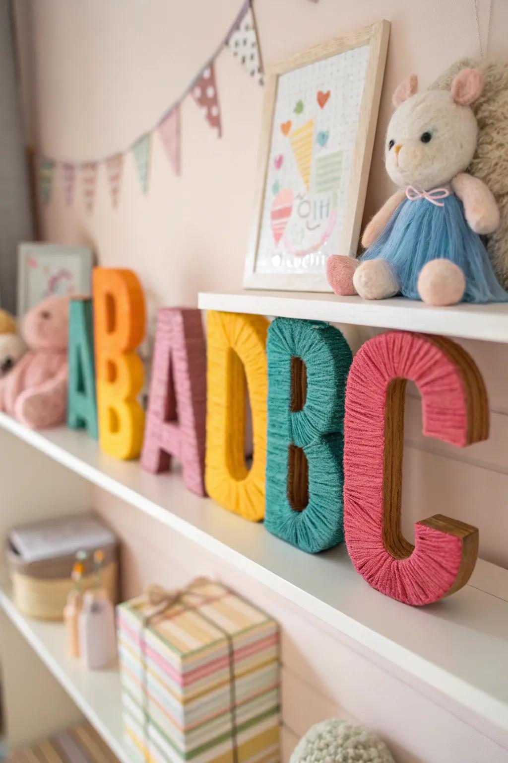 Yarn-wrapped letters contributing an intimate sensation to a child's bedroom.