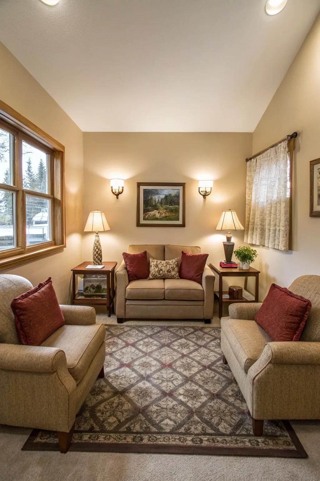 A compact living room layout with chairs flanking a central sofa.