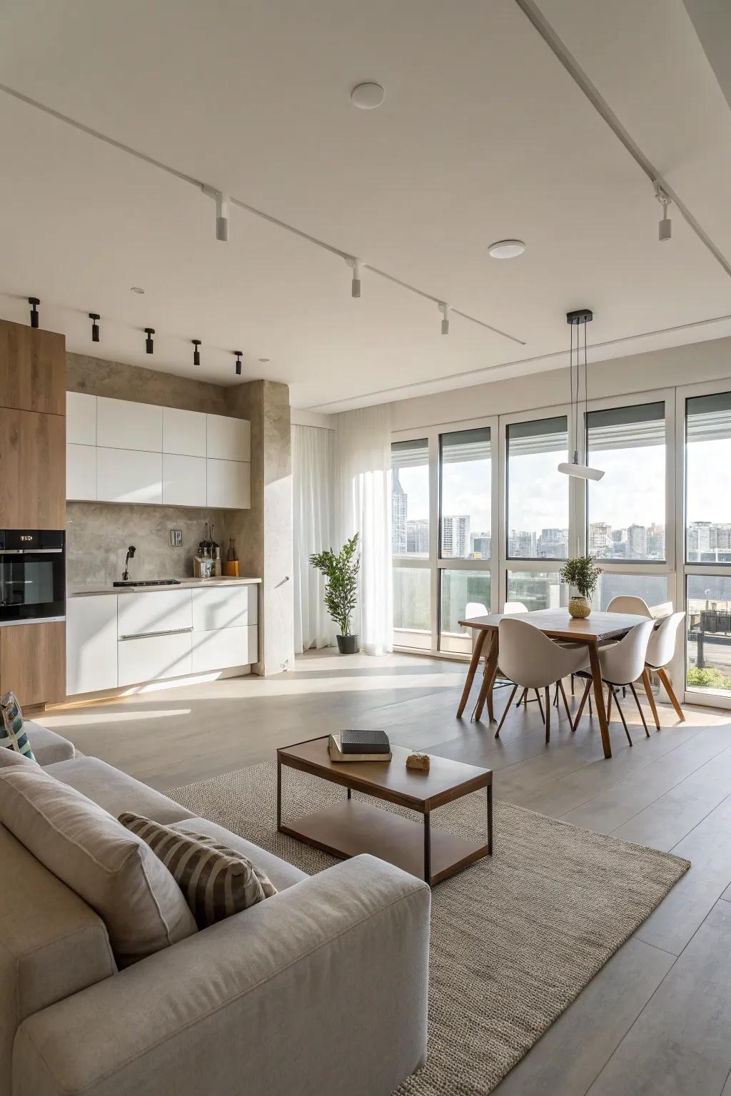 A minimalist living room with kitchen featuring a neutral color palette.