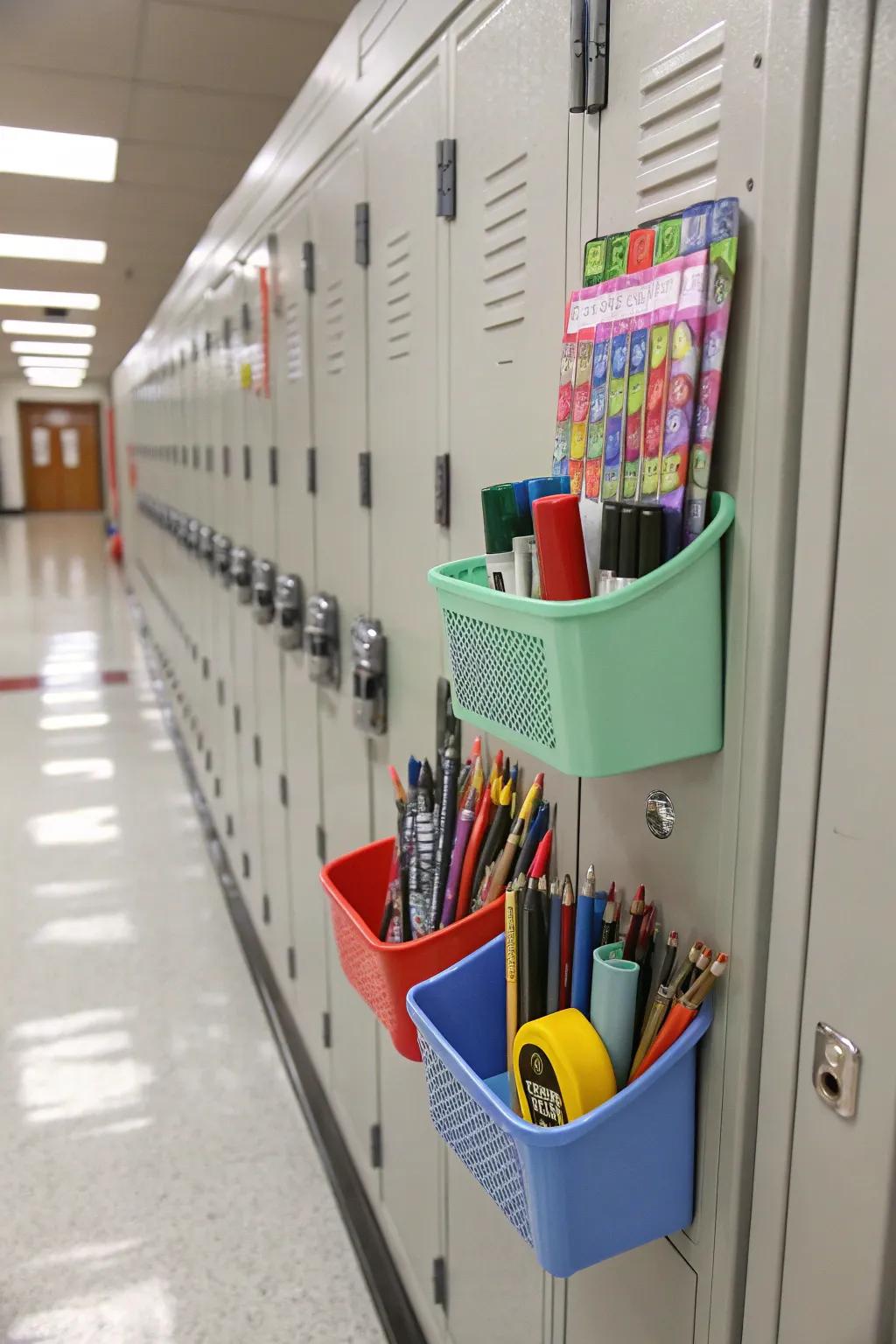 Magnetic containers inside a locker, keeping supplies organized and within reach.