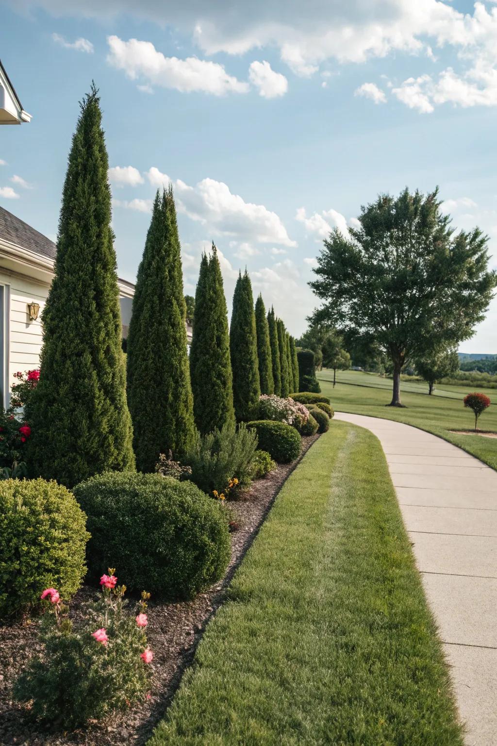 Evergreen shrubs providing year-round greenery.