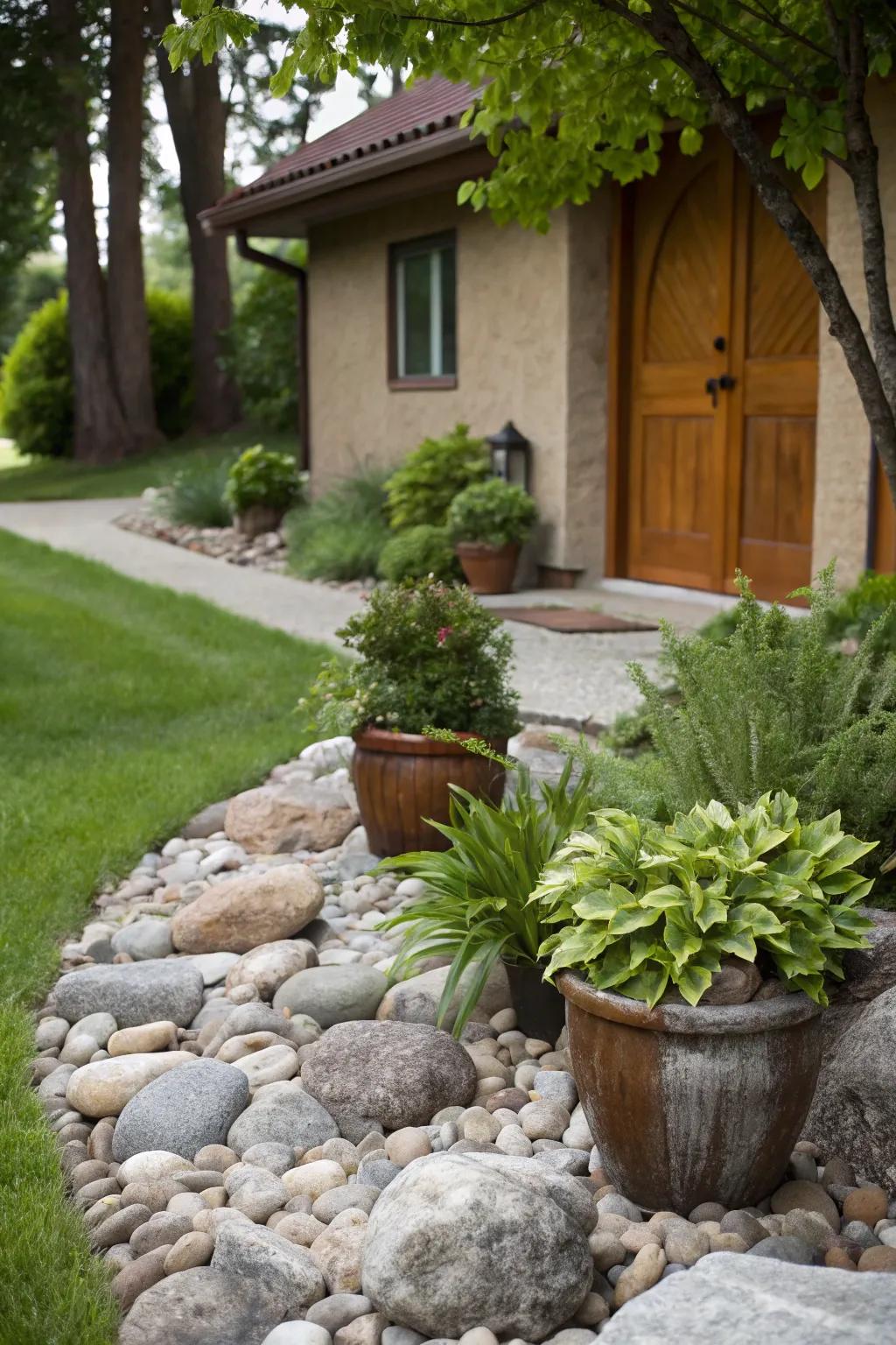 Potted plants elegantly arranged on a rock bed.