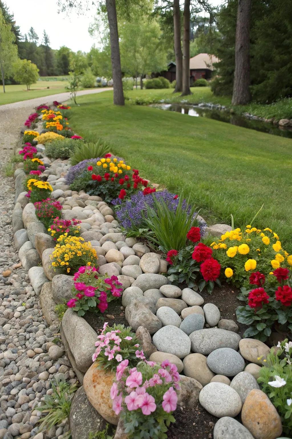 Elevate your garden beds with stylish river rock borders.