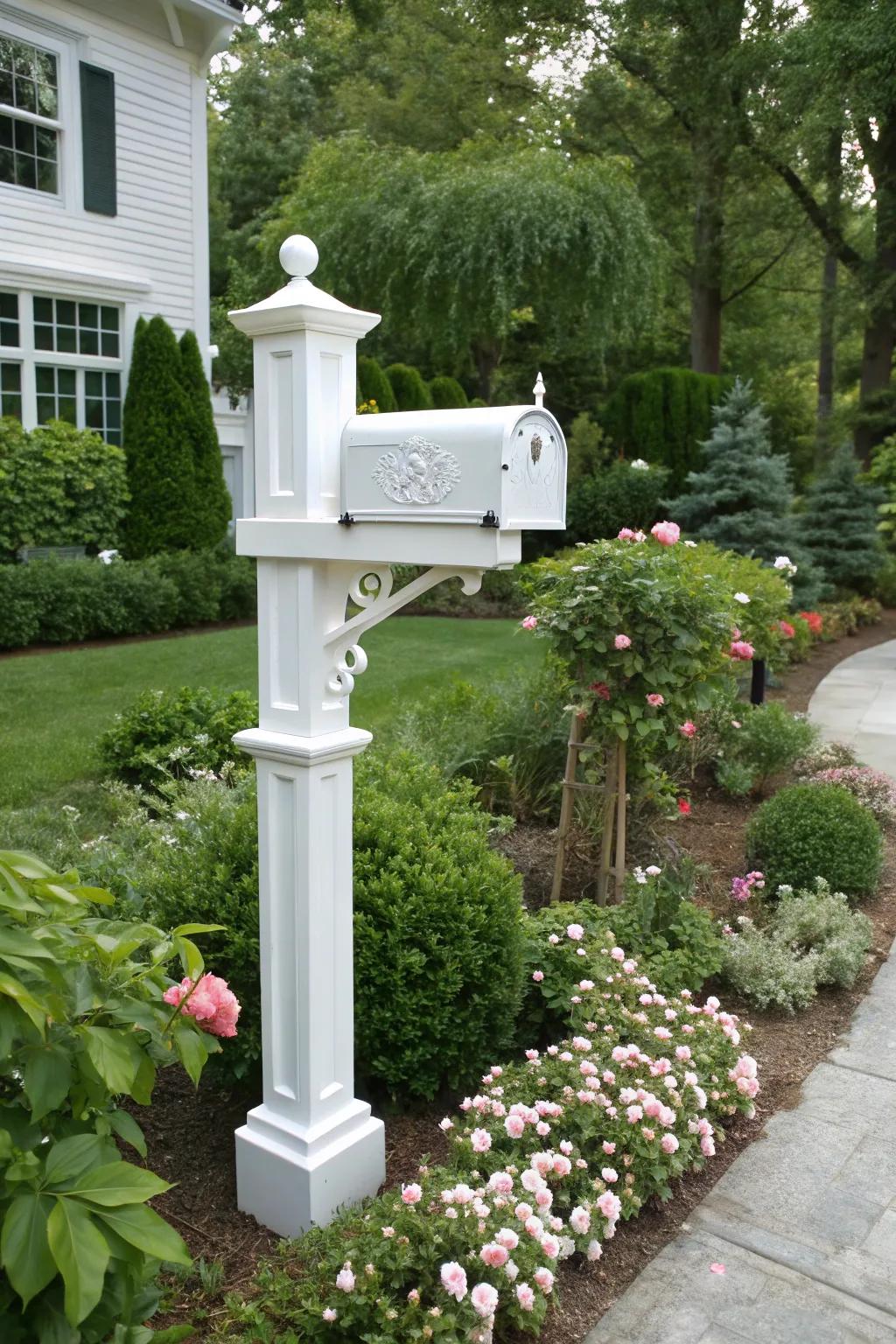 White mailbox supports present a traditional and adaptable aesthetic.