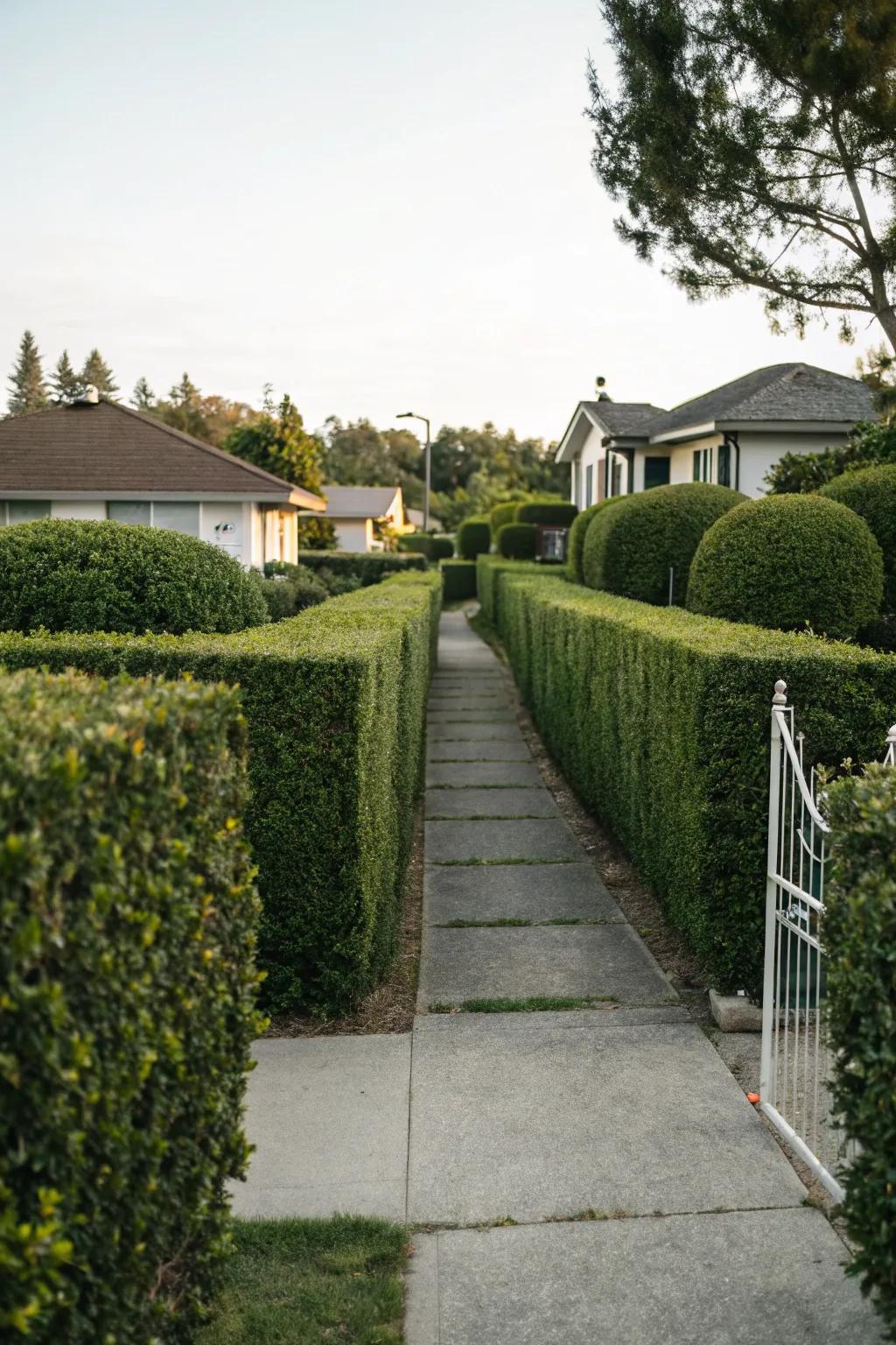 Neatly trimmed hedges leading to the entrance.