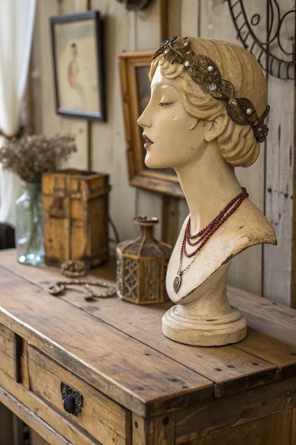 Vintage effects add a nostalgic charm to mannequin head art.