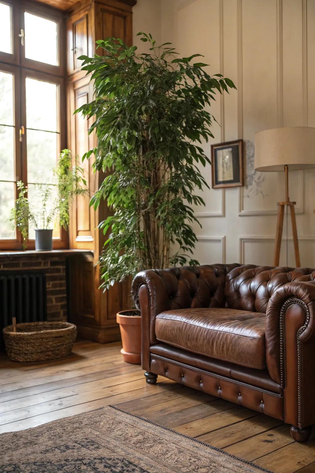 Indoor plants add a refreshing touch to a masculine setting.