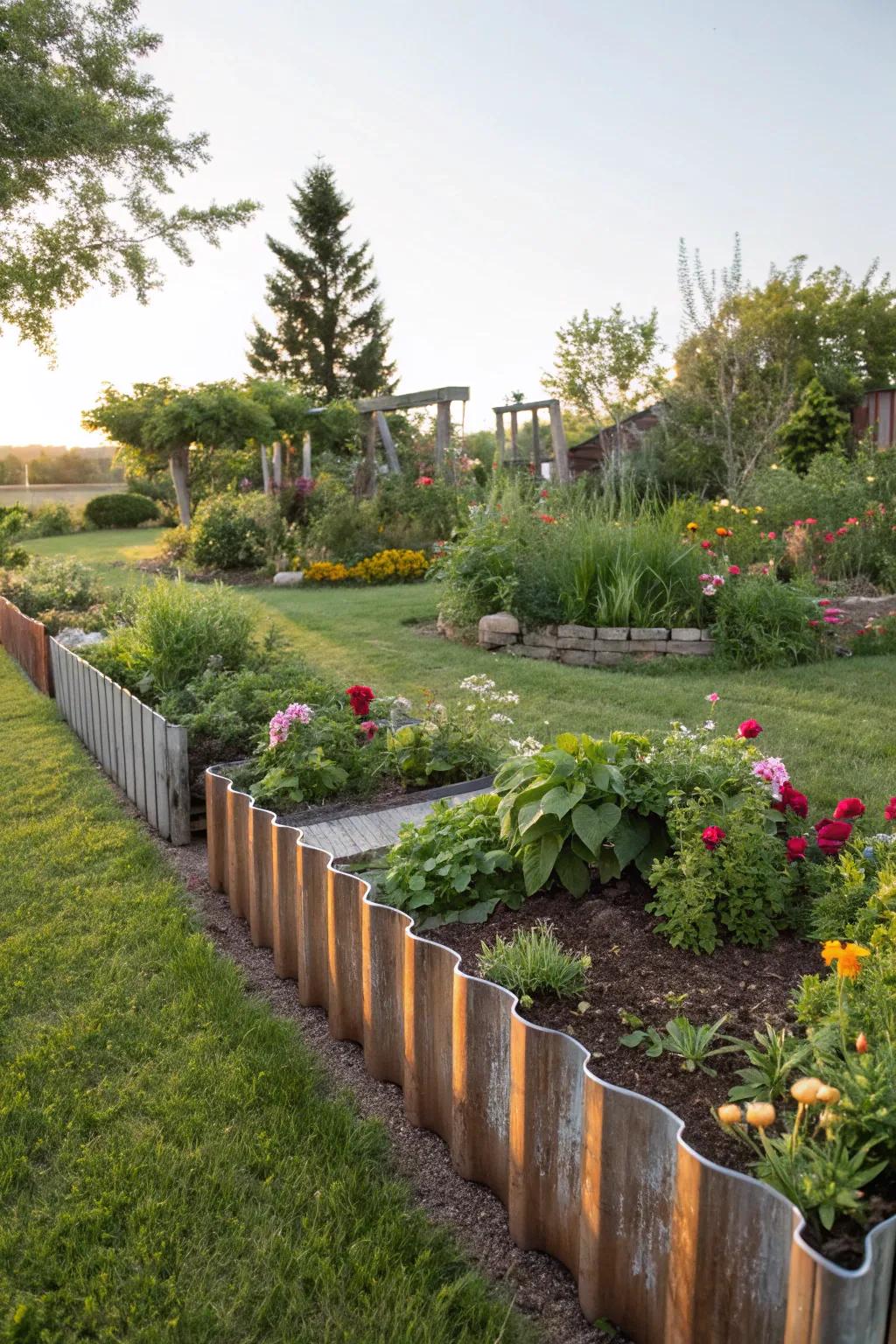 DIY metal edging adds a personal touch to garden design.