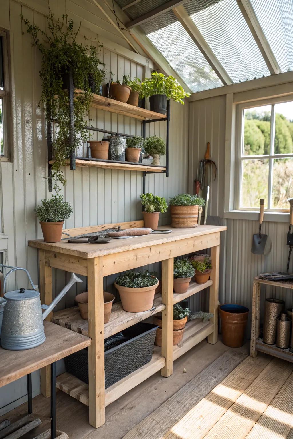 A horticultural workbench extends a committed expanse for undertakings.