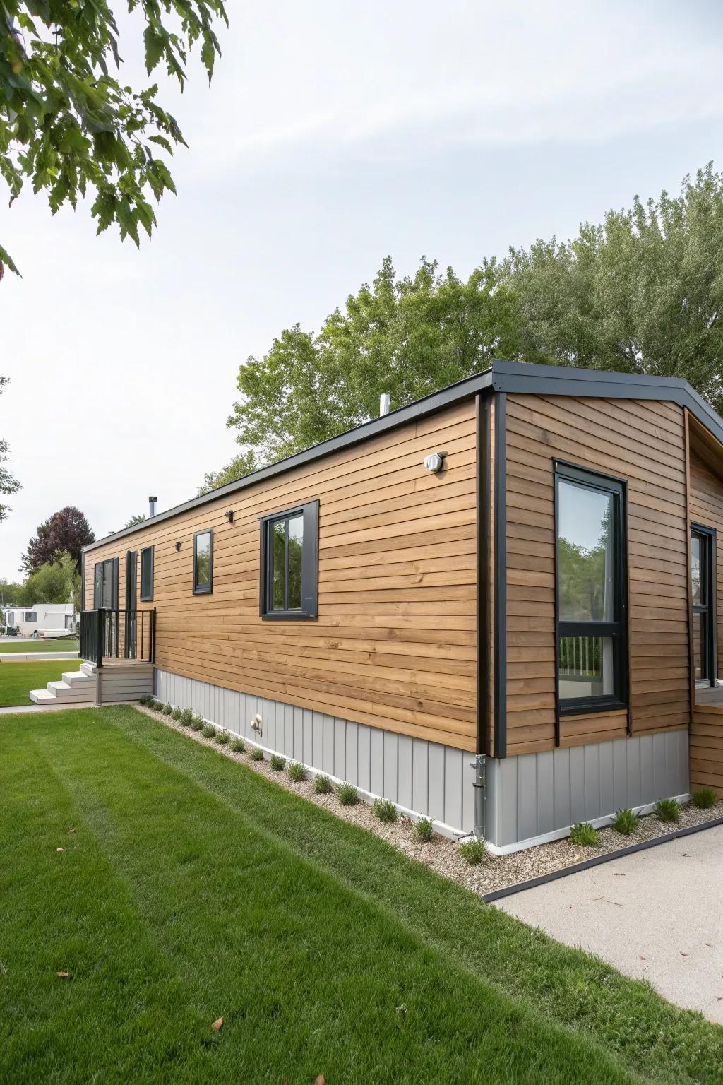 A mobile home refreshed with modern faux wood siding.