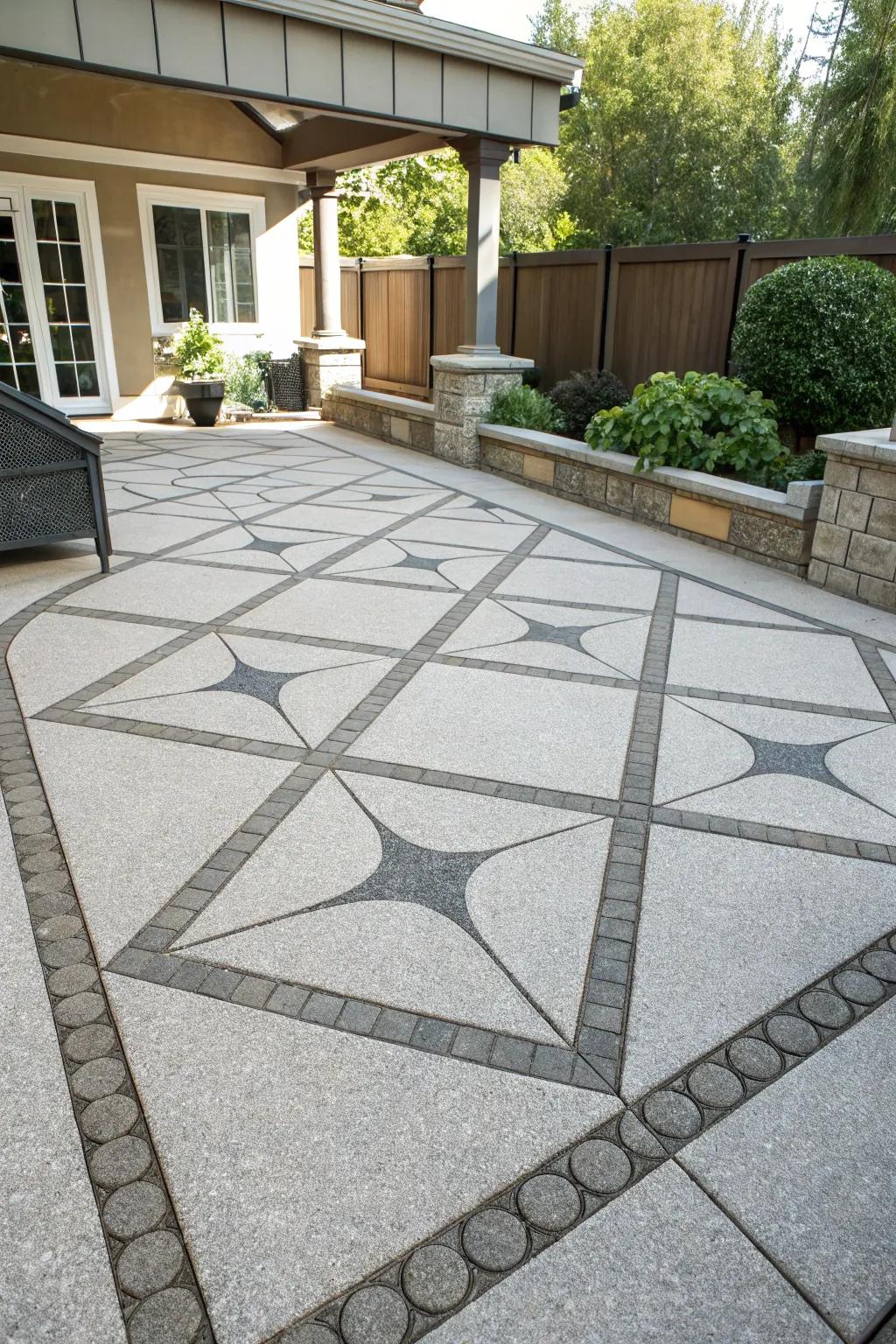 A patio with a striking geometric pattern in the aggregate.