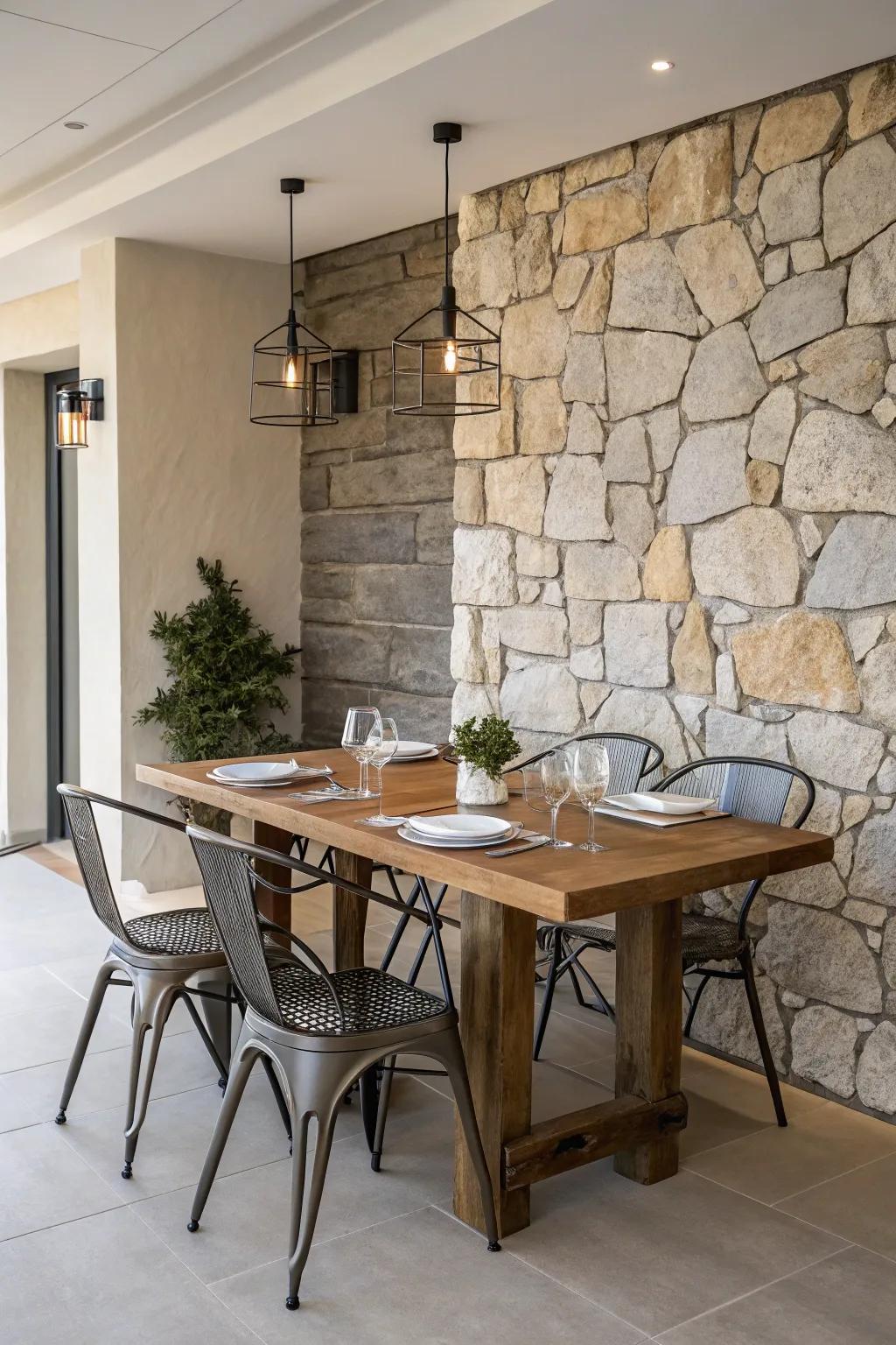 A harmonious blend of materials adds character to this dining space.