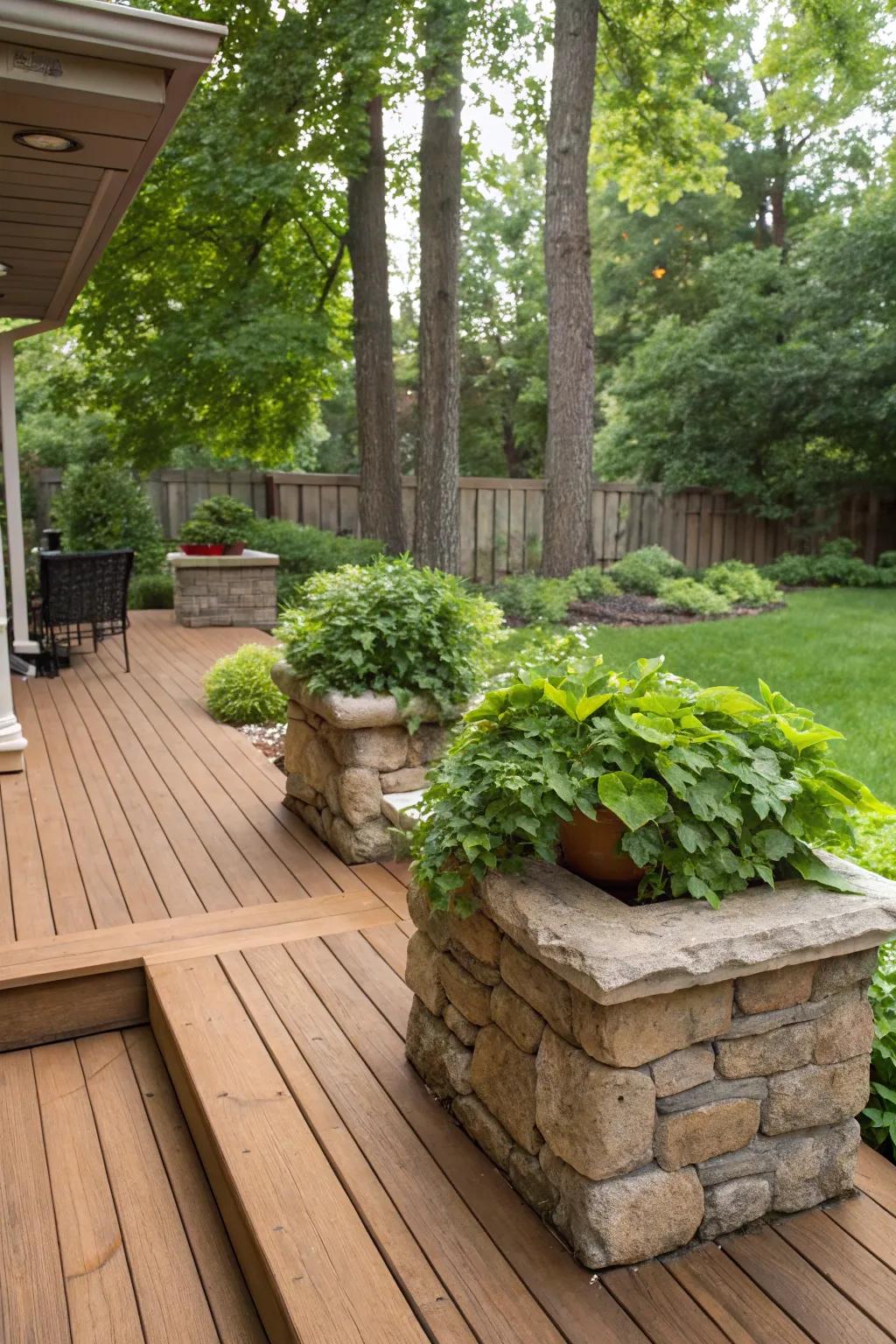 Wood and stone create a natural harmony in modern landscapes.