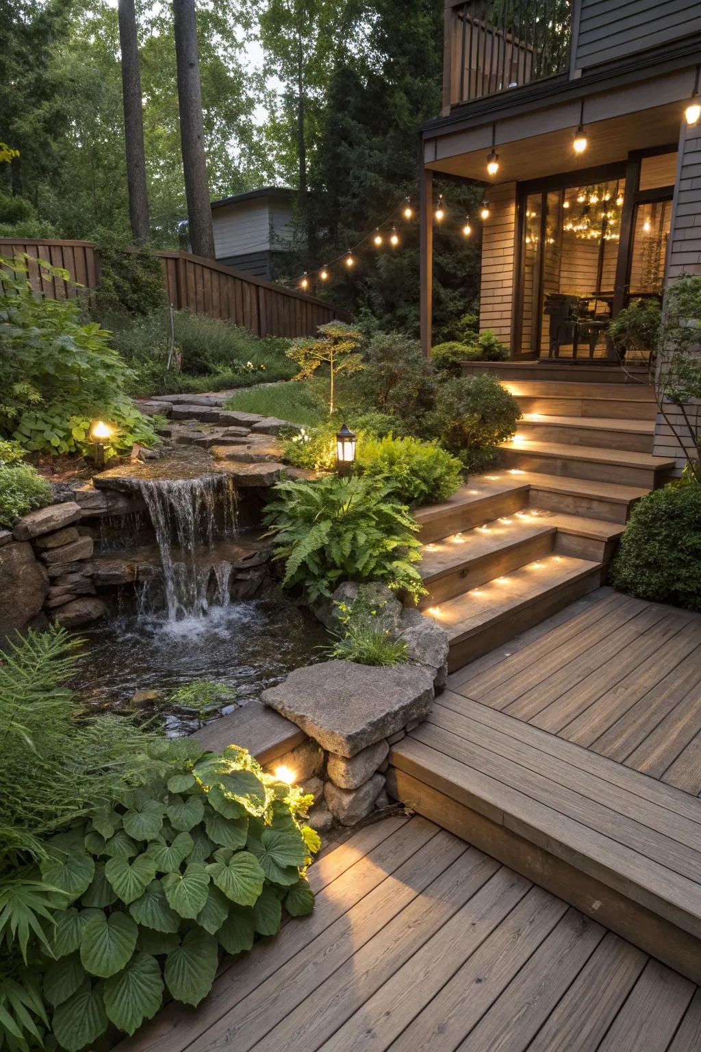 A tranquil deck enhanced with an elegant water feature.