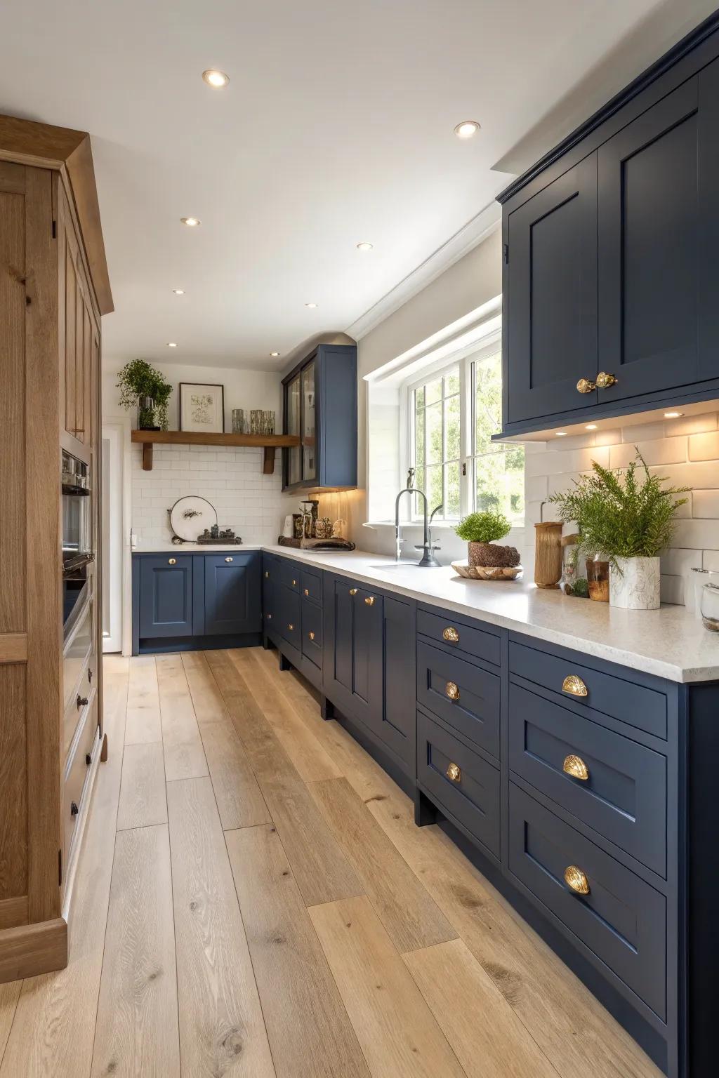 Natural wood accents complement the navy blue cabinets beautifully.