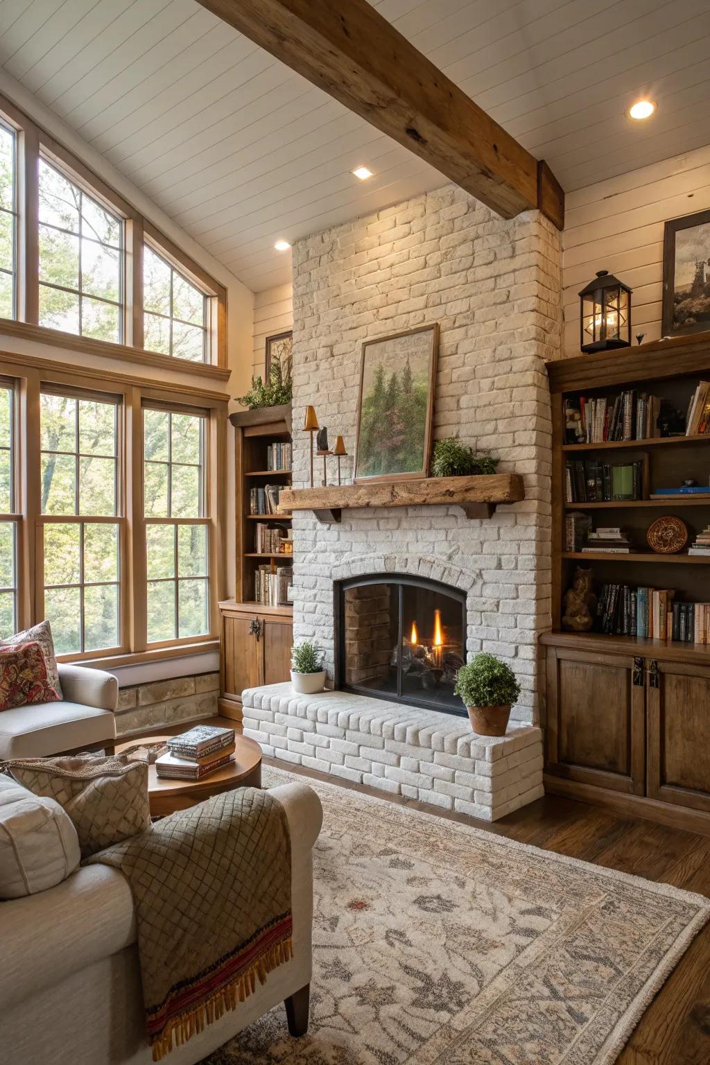 Whitewashed brick fireplace brightens up the space.