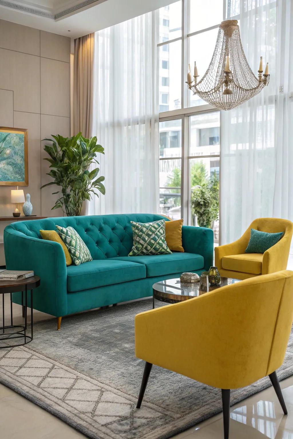 Make a bold statement with a teal sofa.