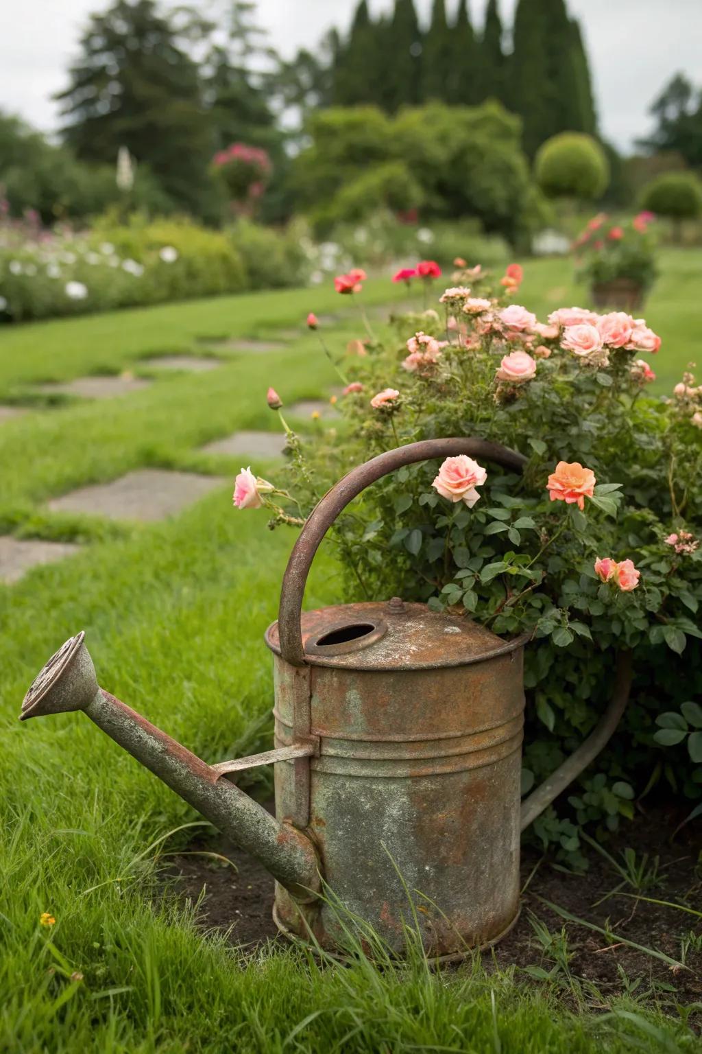 An antiquated watering tool repurposed as a creative sun jewel vessel.
