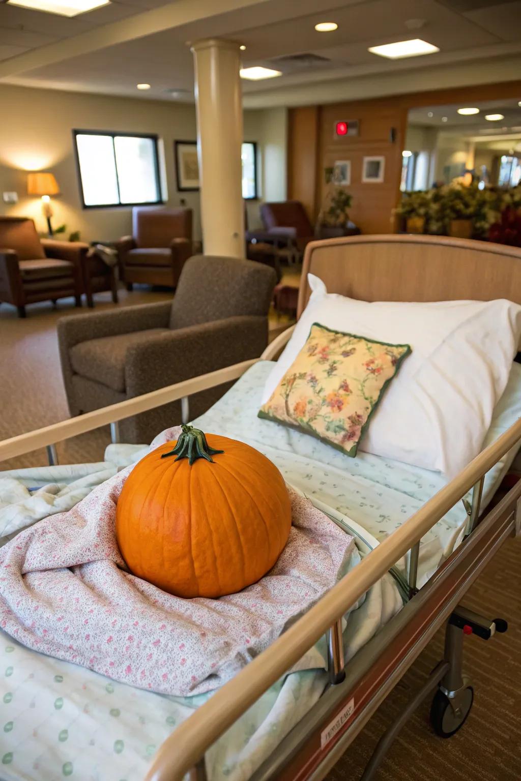 A pumpkin patient adds humor to the nursing home's decor.