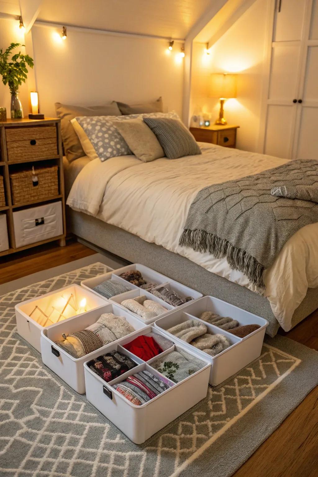 Utilize under-bed space for discreet storage.