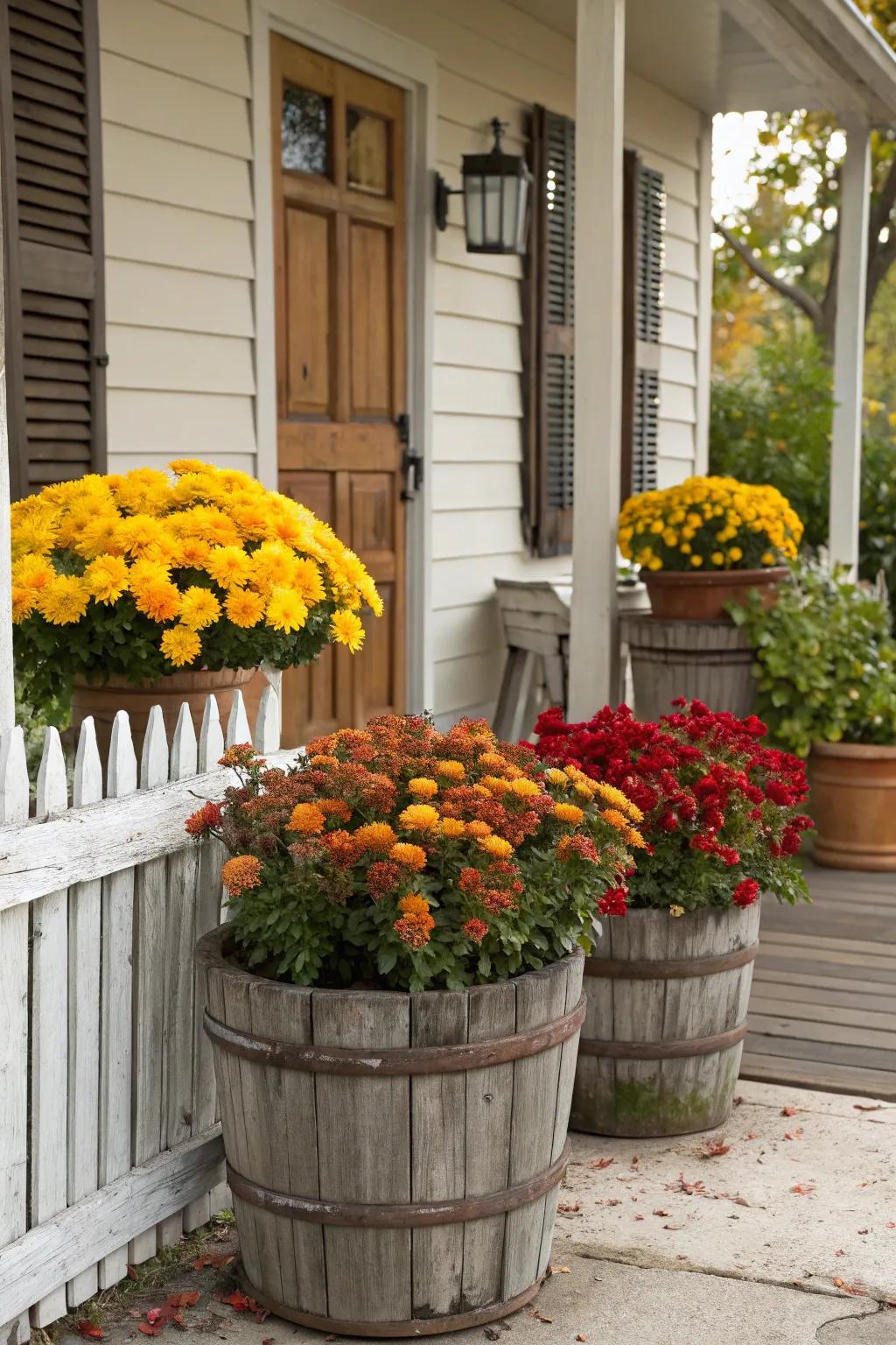 Chrysanthemums in rustic pots add a splash of fall color.