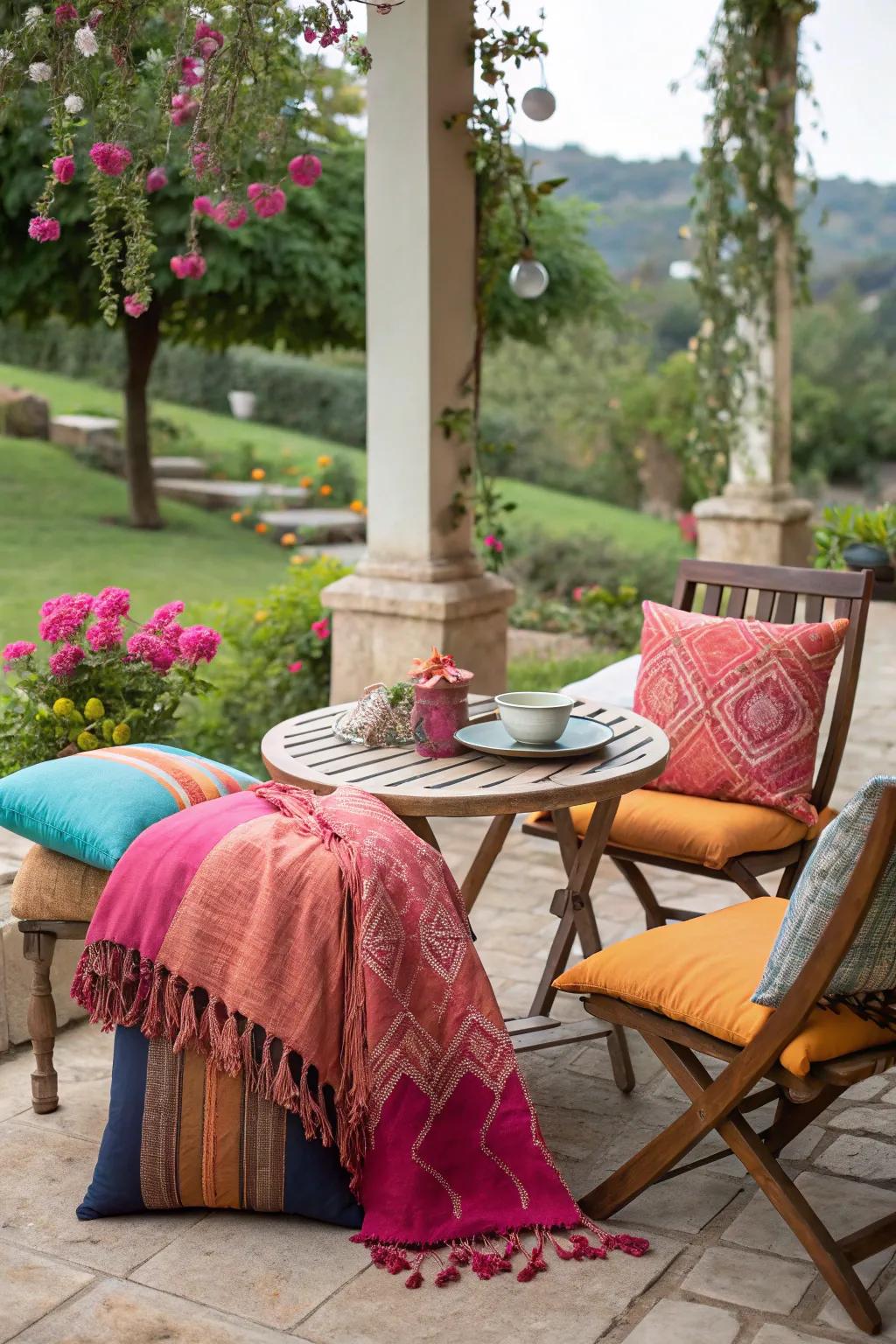 Introduce textiles to add warmth and personality to your garden seating.