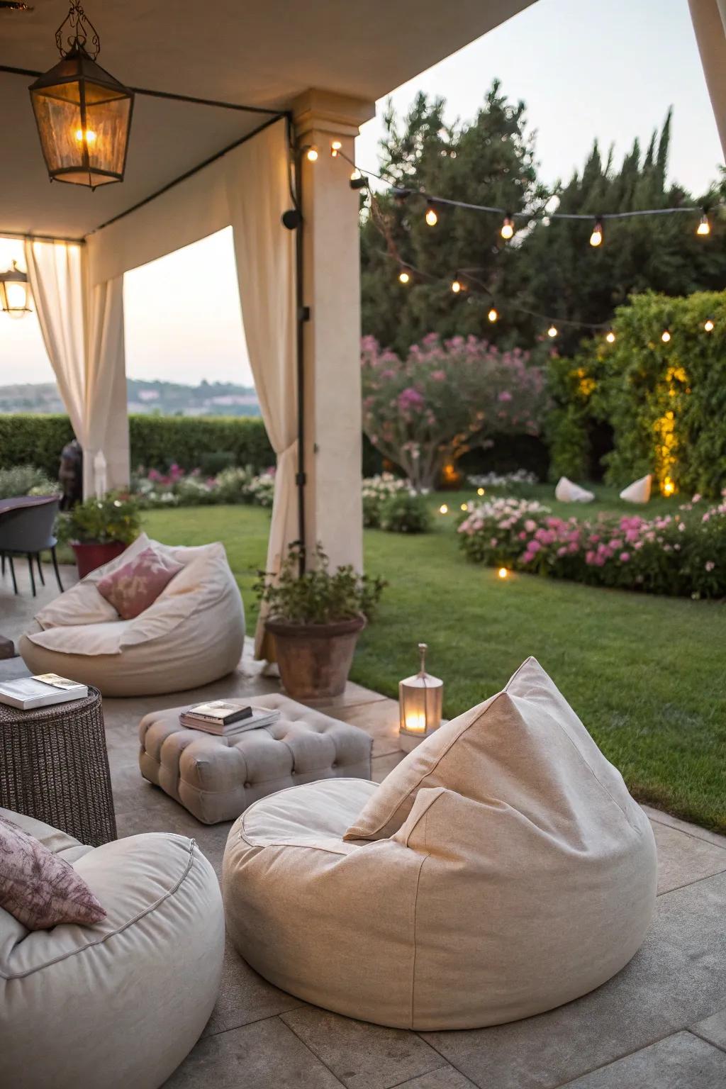 A welcoming outdoor lounging space with inviting furniture.