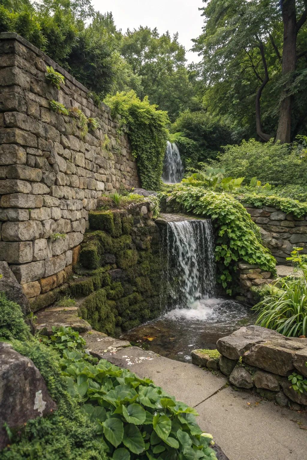 A waterfall stone wall adds a serene vibe to any outdoor space.