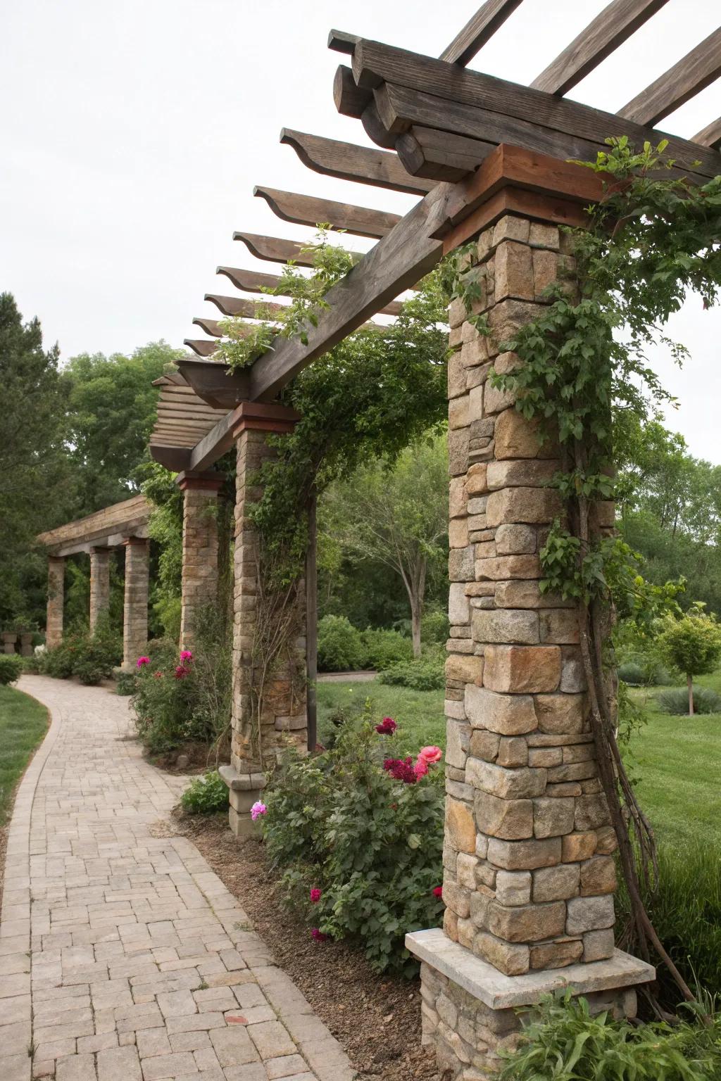 Stone facing enhances a countryside element to pergola supports.