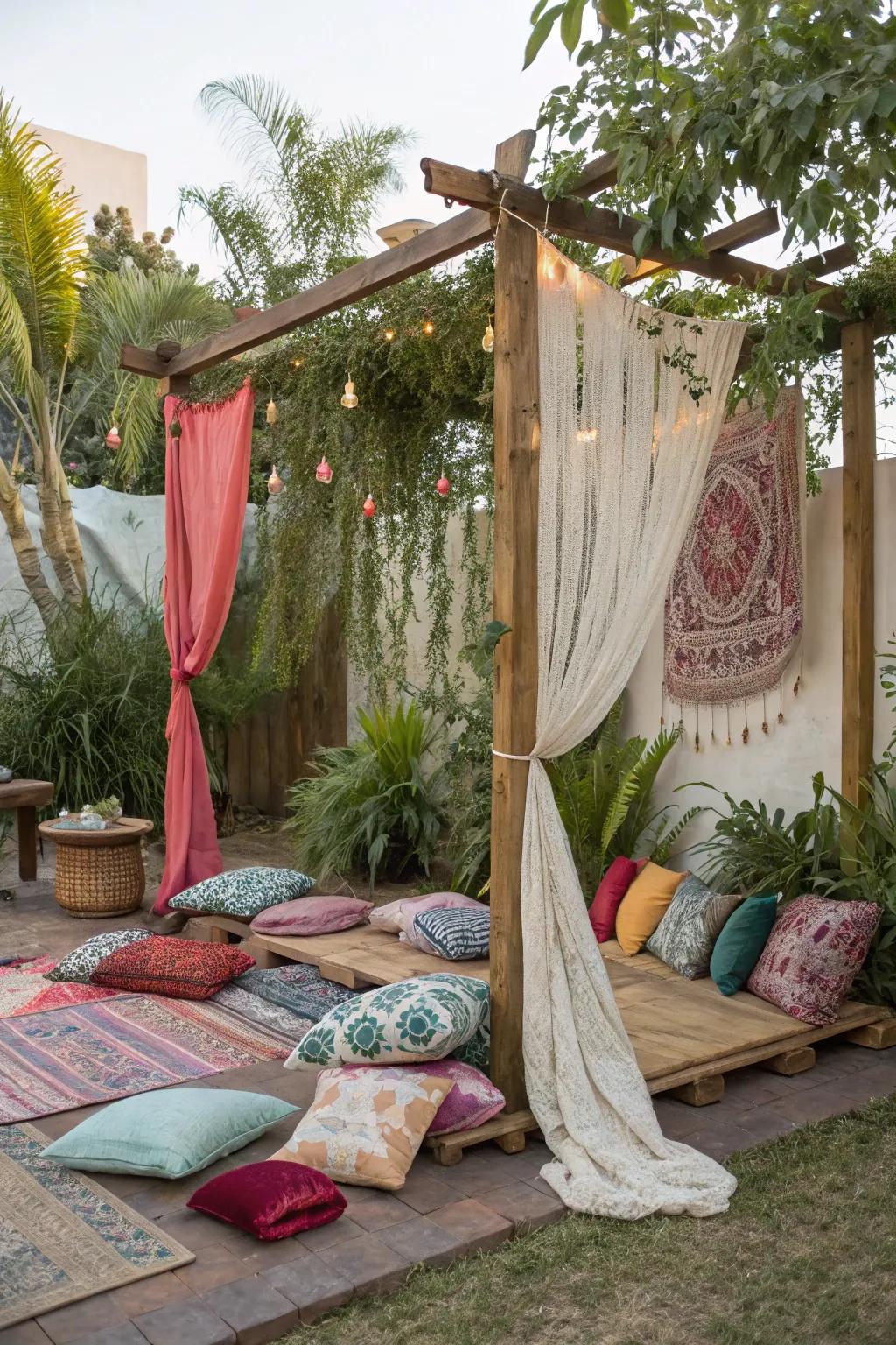 A bohemian outdoor arrangement featuring cushions and draped materials.