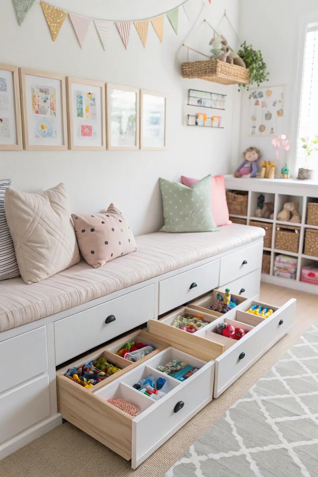 A playroom featuring a storage bench that keeps toys neatly tucked away.